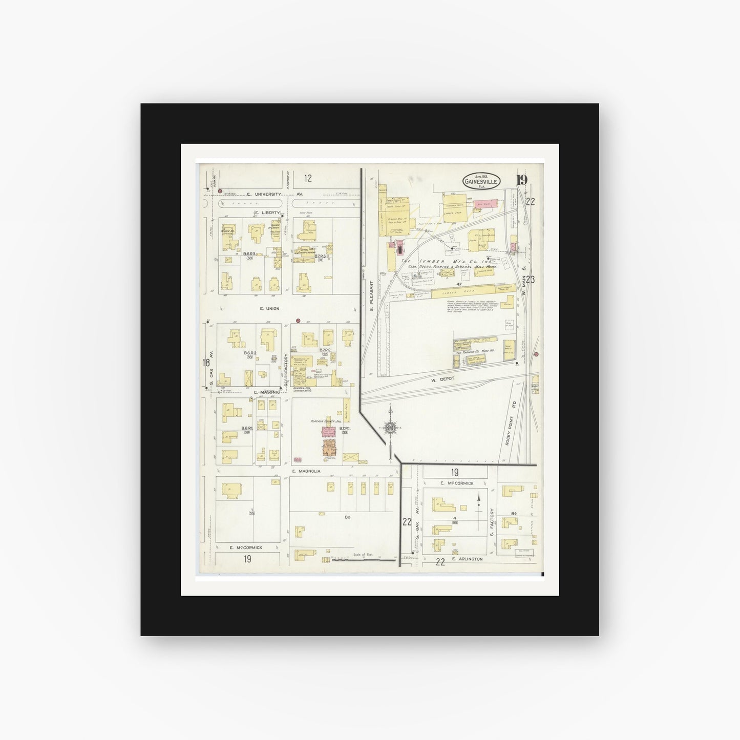 Old map wall art mockup — black gallery frame with white mat — Sanborn Fire Insurance Map from Gainesville, Alachua County, Florida (1913), Sheet #0019