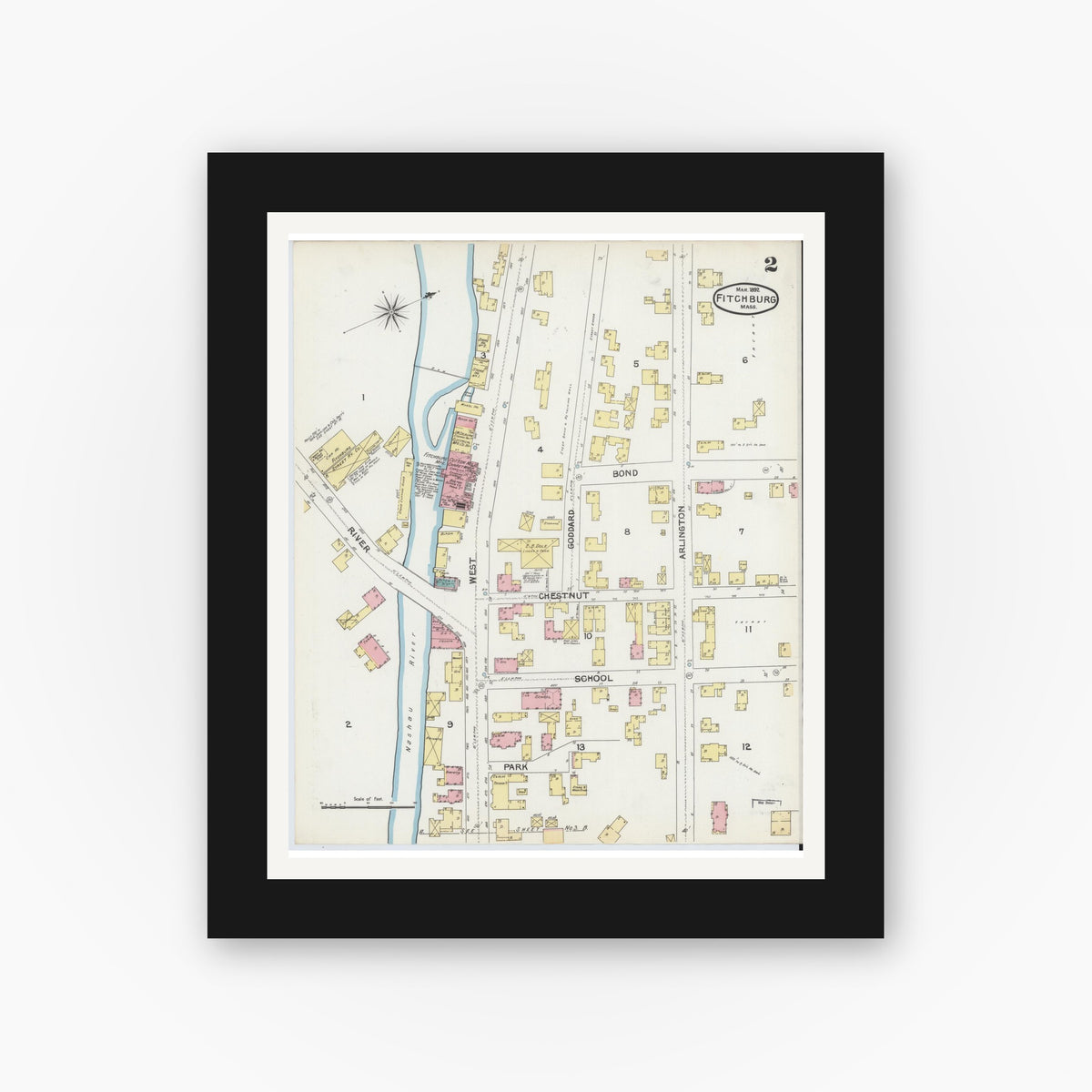 Old map wall art mockup — black gallery frame with white mat — Sanborn Fire Insurance Map from Fitchburg, Worcester County, Massachusetts (1892), Sheet #0002