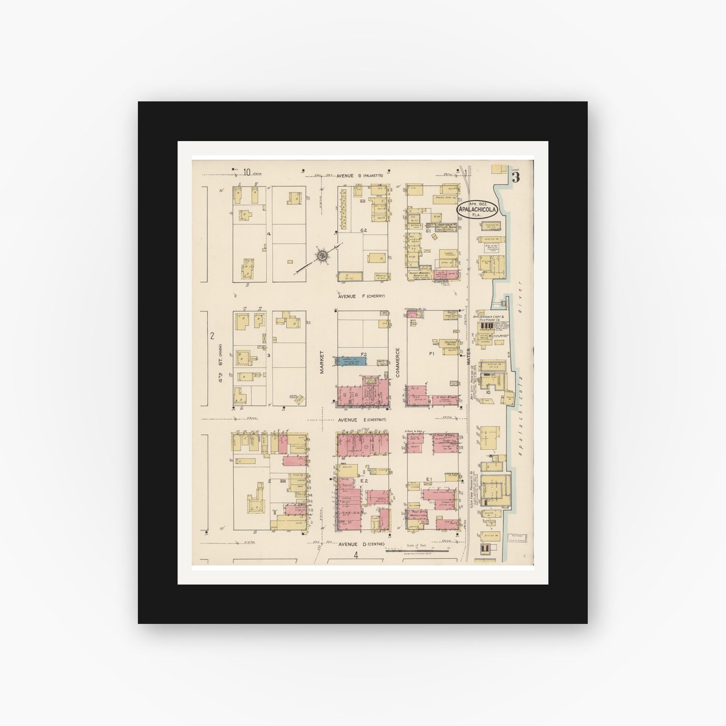 Old map wall art mockup — black gallery frame with white mat — Sanborn Fire Insurance Map from Apalachicola, Franklin County, Florida (1922), Sheet #0003