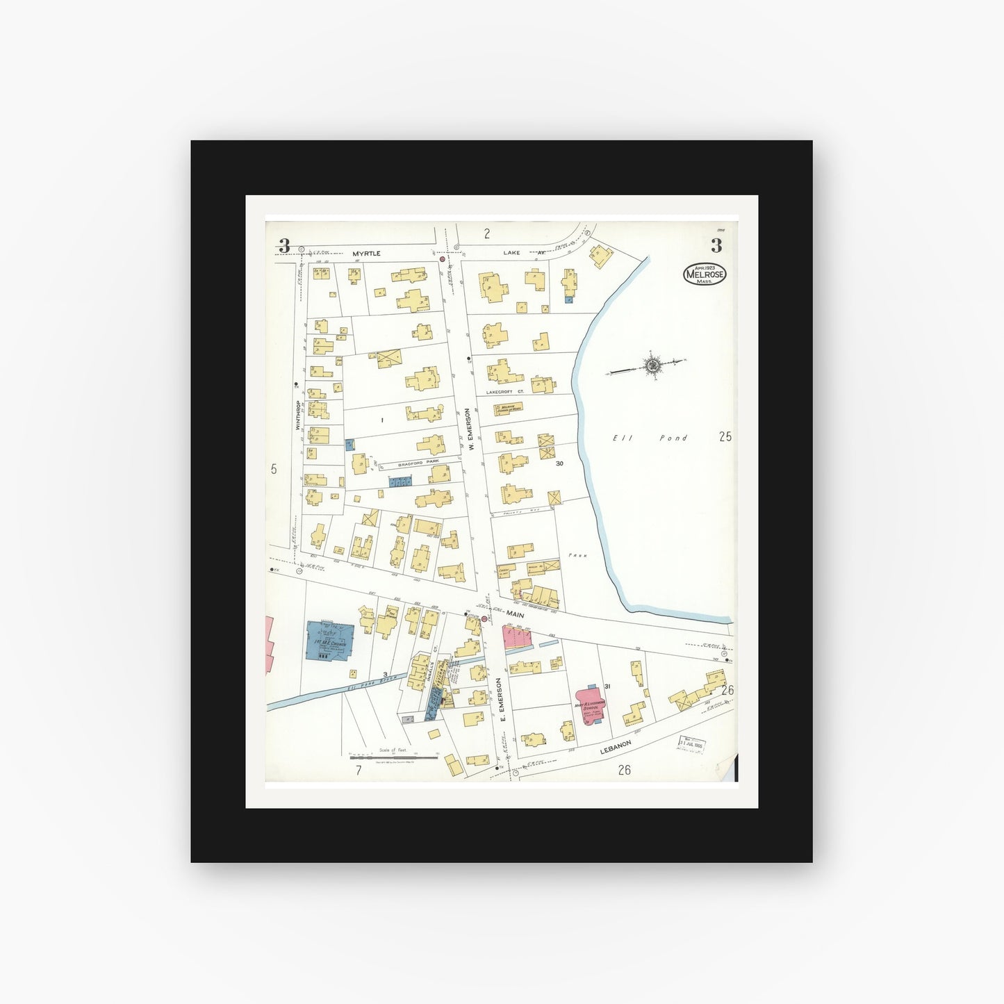 Old map wall art mockup — black gallery frame with white mat — Sanborn Fire Insurance Map from Melrose, Middlesex County, Massachusetts (1923), Sheet #0003