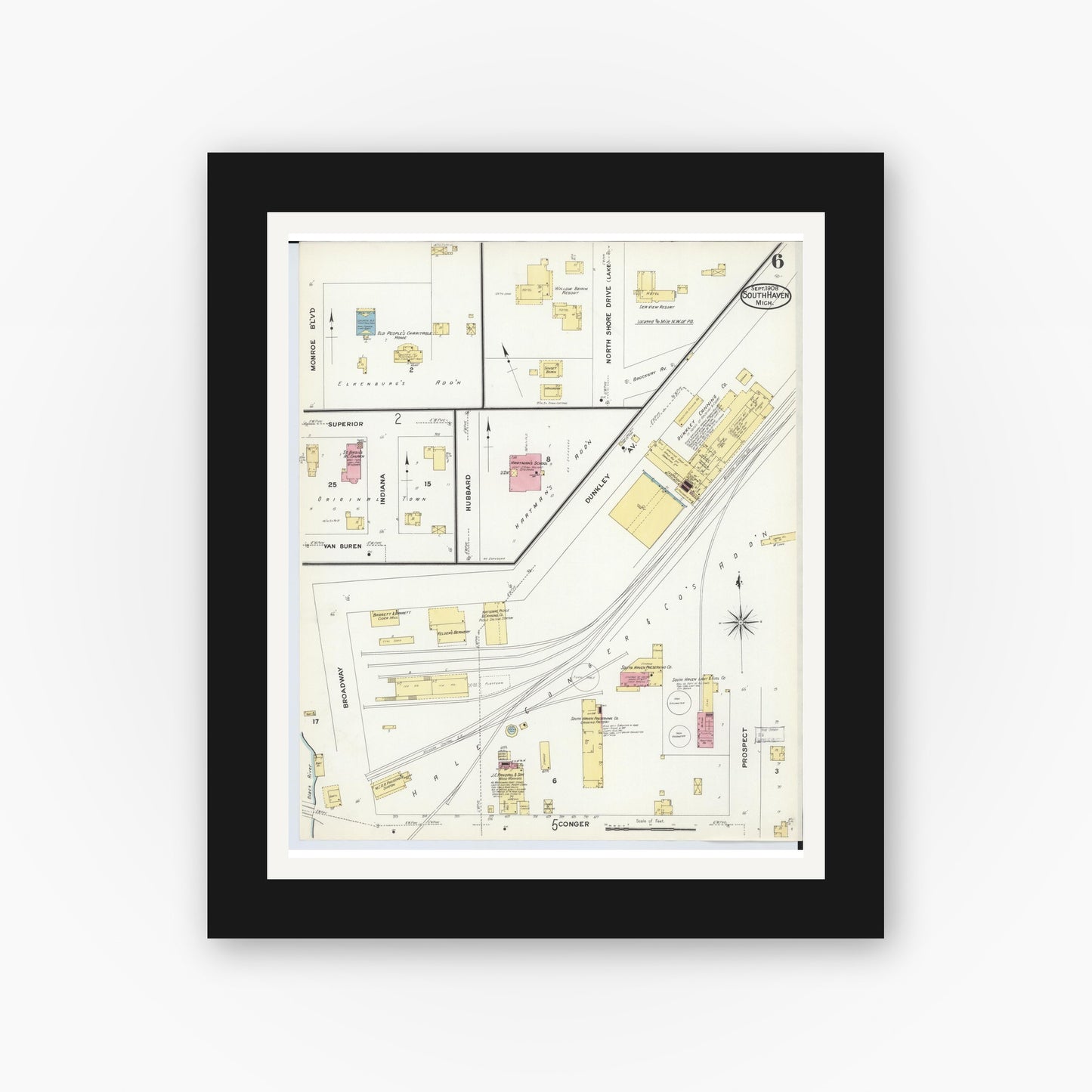 Old map wall art mockup — black gallery frame with white mat — Sanborn Fire Insurance Map from South Haven, Van Buren County, Michigan (1908), Sheet #0006