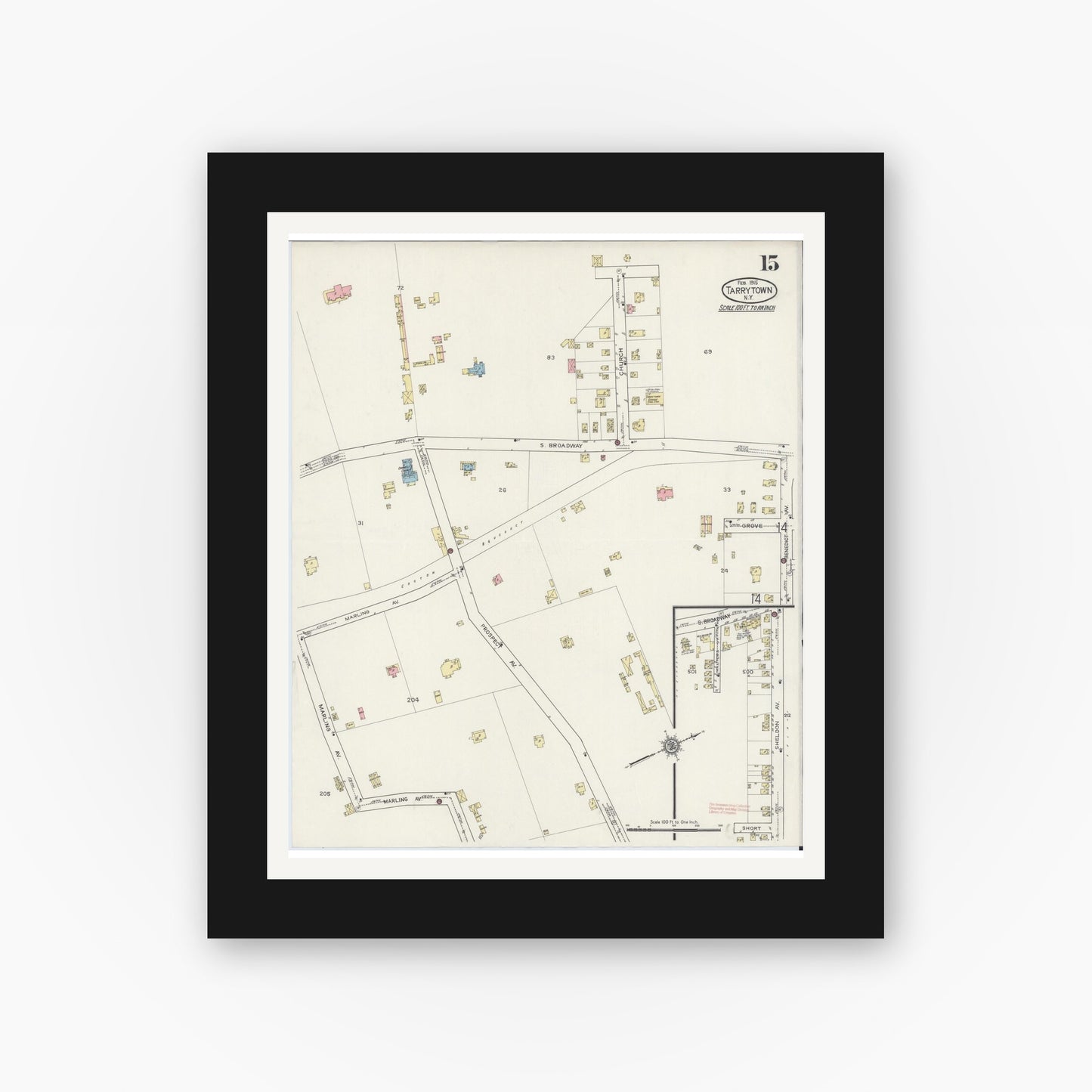 Old map wall art mockup — black gallery frame with white mat — Sanborn Fire Insurance Map from Tarrytown, Westchester County, New York (1915), Sheet #0015