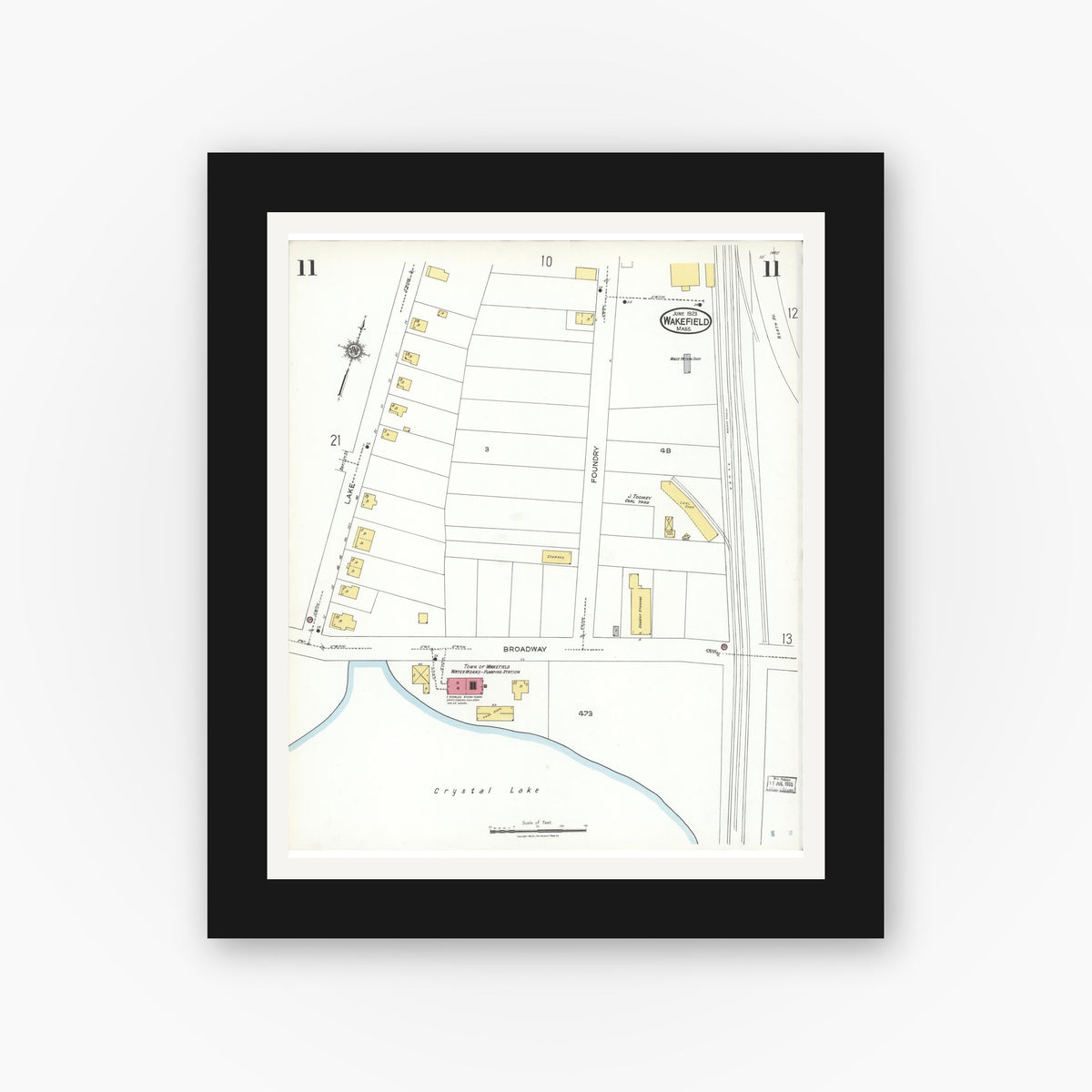 Old map wall art mockup — black gallery frame with white mat — Sanborn Fire Insurance Map from Wakefield, Middlesex County, Massachusetts (1923), Sheet #0011