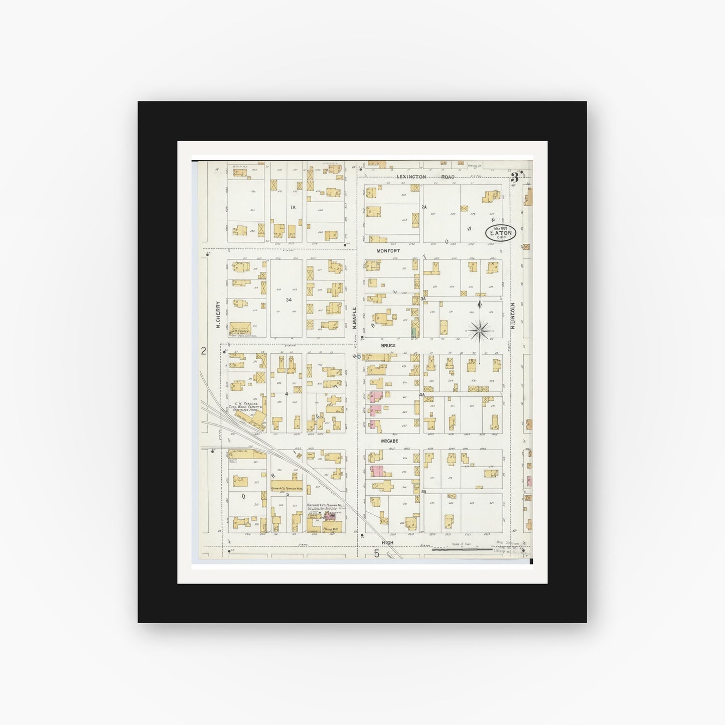 Old map wall art mockup — black gallery frame with white mat — Sanborn Fire Insurance Map from Eaton, Preble County, Ohio (1899), Sheet #0003