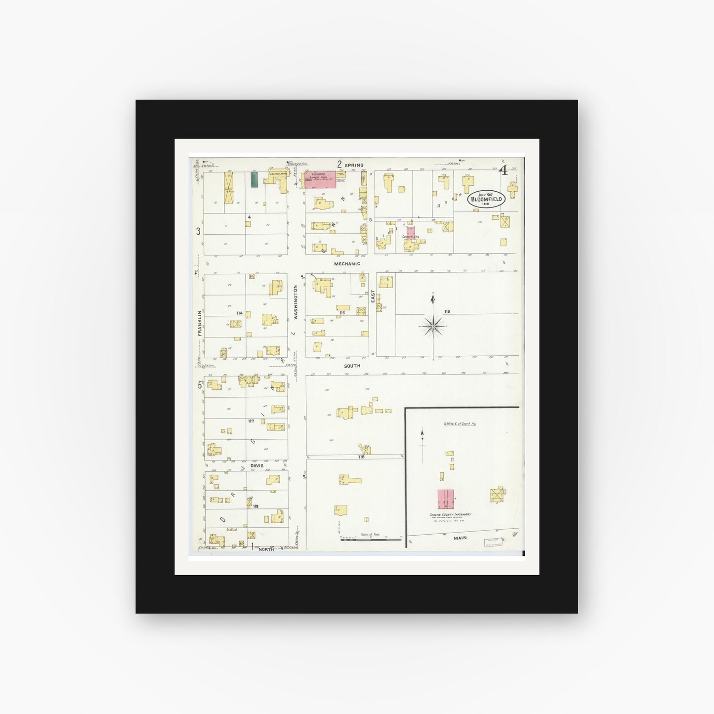 Old map wall art mockup — black gallery frame with white mat — Sanborn Fire Insurance Map from Bloomfield, Greene County, Indiana (1907), Sheet #0004