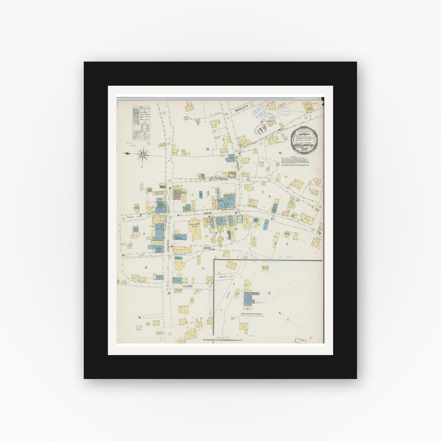 Old map wall art mockup — black gallery frame with white mat — Sanborn Fire Insurance Map from Mokelumne Hill, Calaveras County, California (1898), Sheet #0001