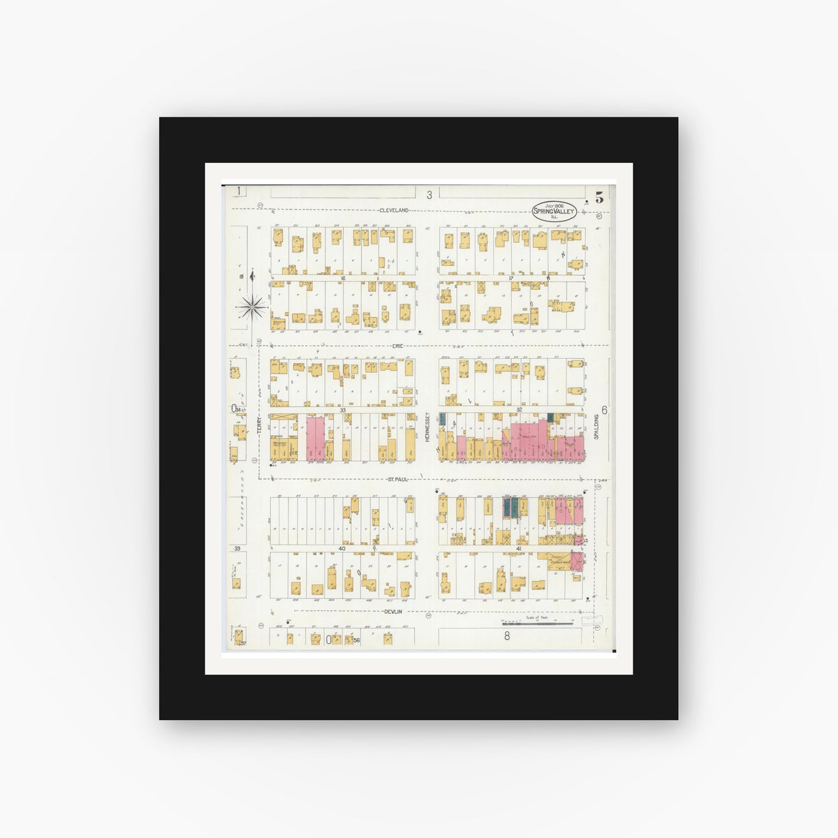 Old map wall art mockup — black gallery frame with white mat — Sanborn Fire Insurance Map from Spring Valley, Bureau County, Illinois (1906), Sheet #0005