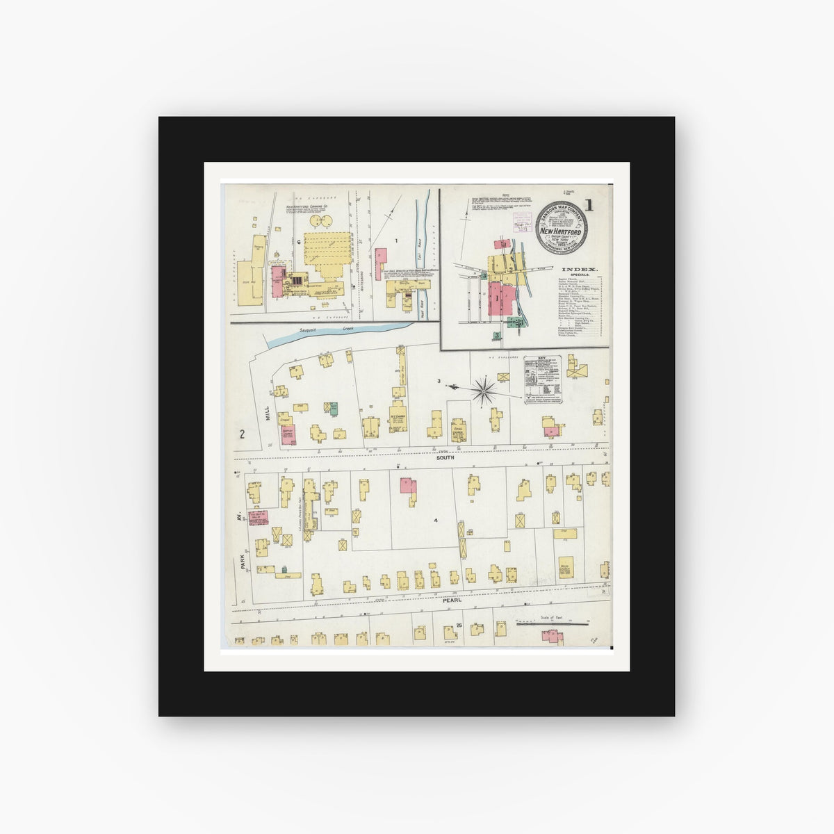 Old map wall art mockup — black gallery frame with white mat — Sanborn Fire Insurance Map from New Hartford, Oneida County, New York (1904) - Complete Map Set