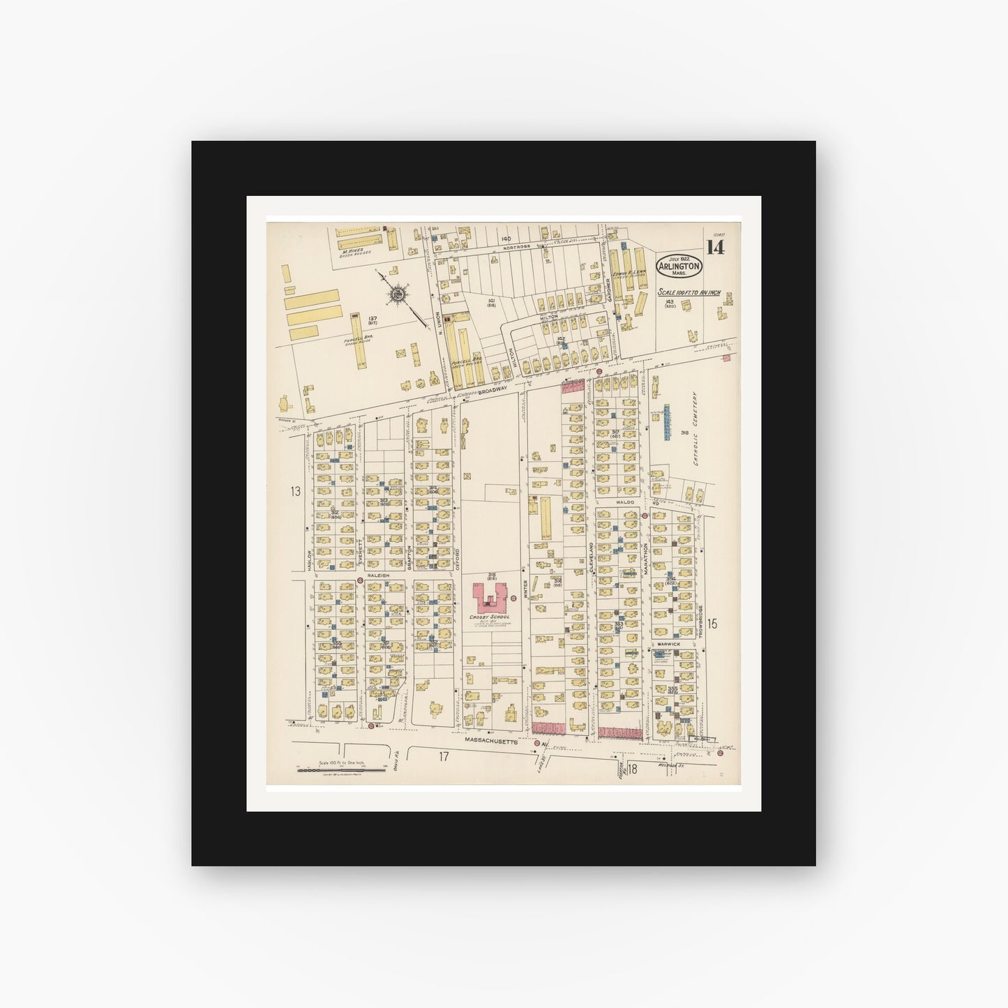 Old map wall art mockup — black gallery frame with white mat — Sanborn Fire Insurance Map from Arlington, Middlesex County, Massachusetts (1922), Sheet #0014