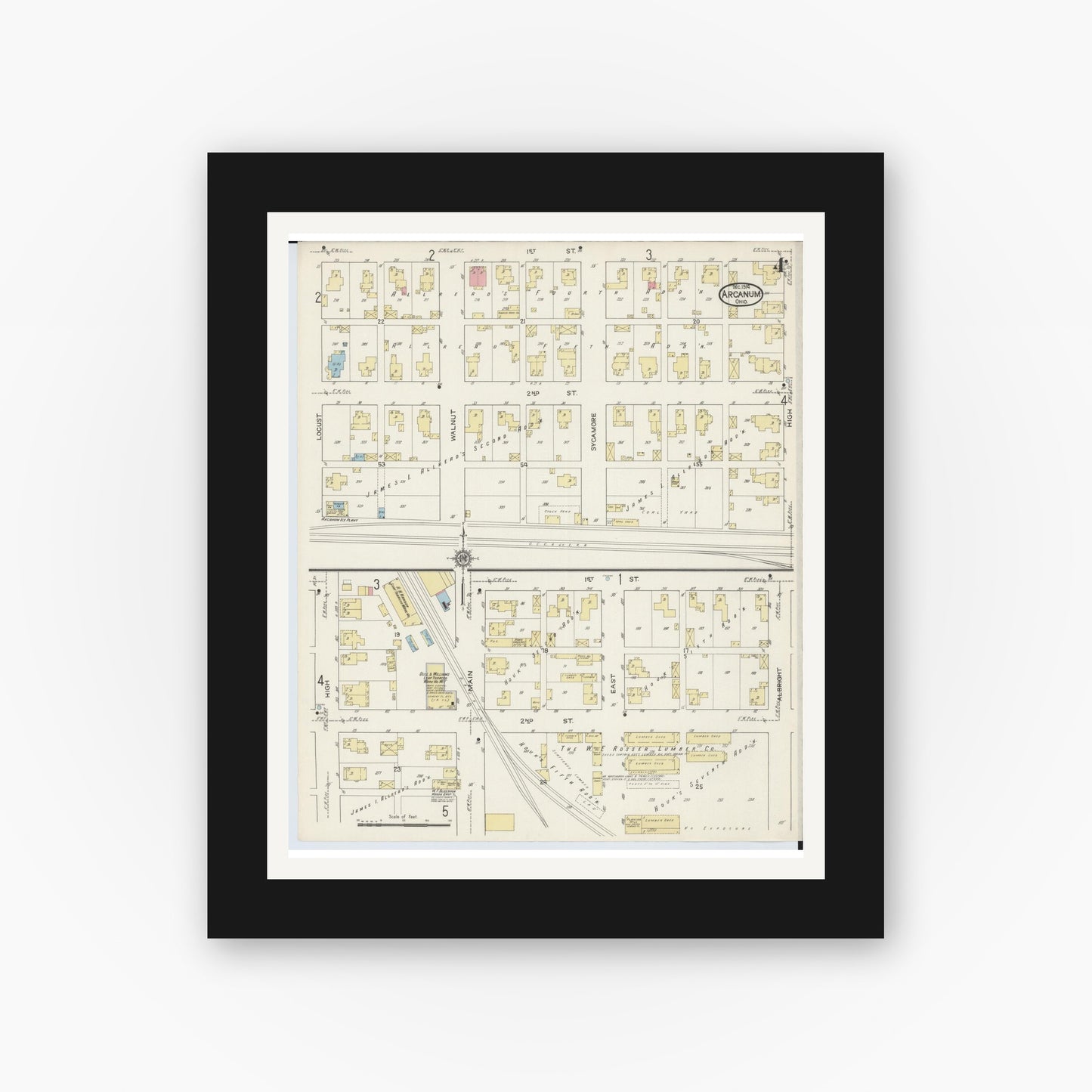 Old map wall art mockup — black gallery frame with white mat — Sanborn Fire Insurance Map from Arcanum, Darke County, Ohio (1914), Sheet #0004