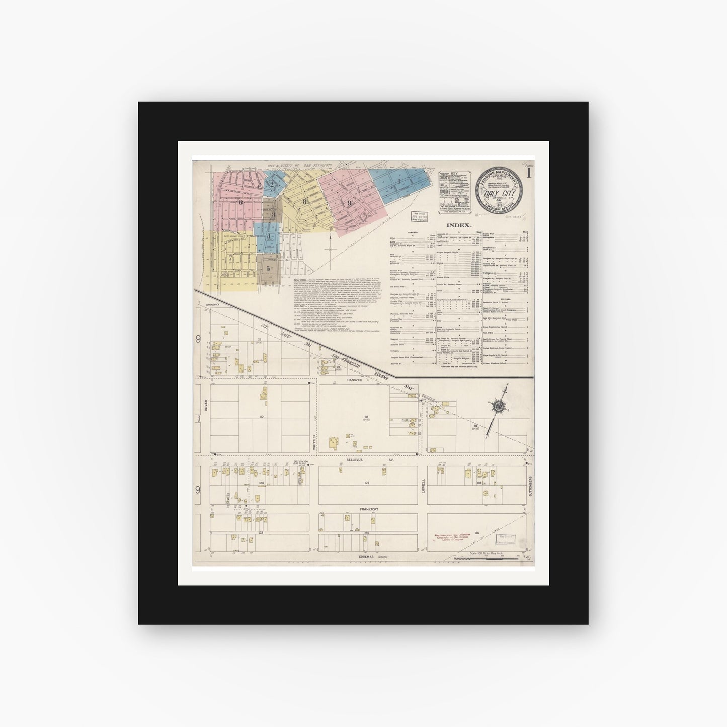Old map wall art mockup — black gallery frame with white mat — Sanborn Fire Insurance Map from Daly City, San Mateo County, California (1918) - Complete Map Set