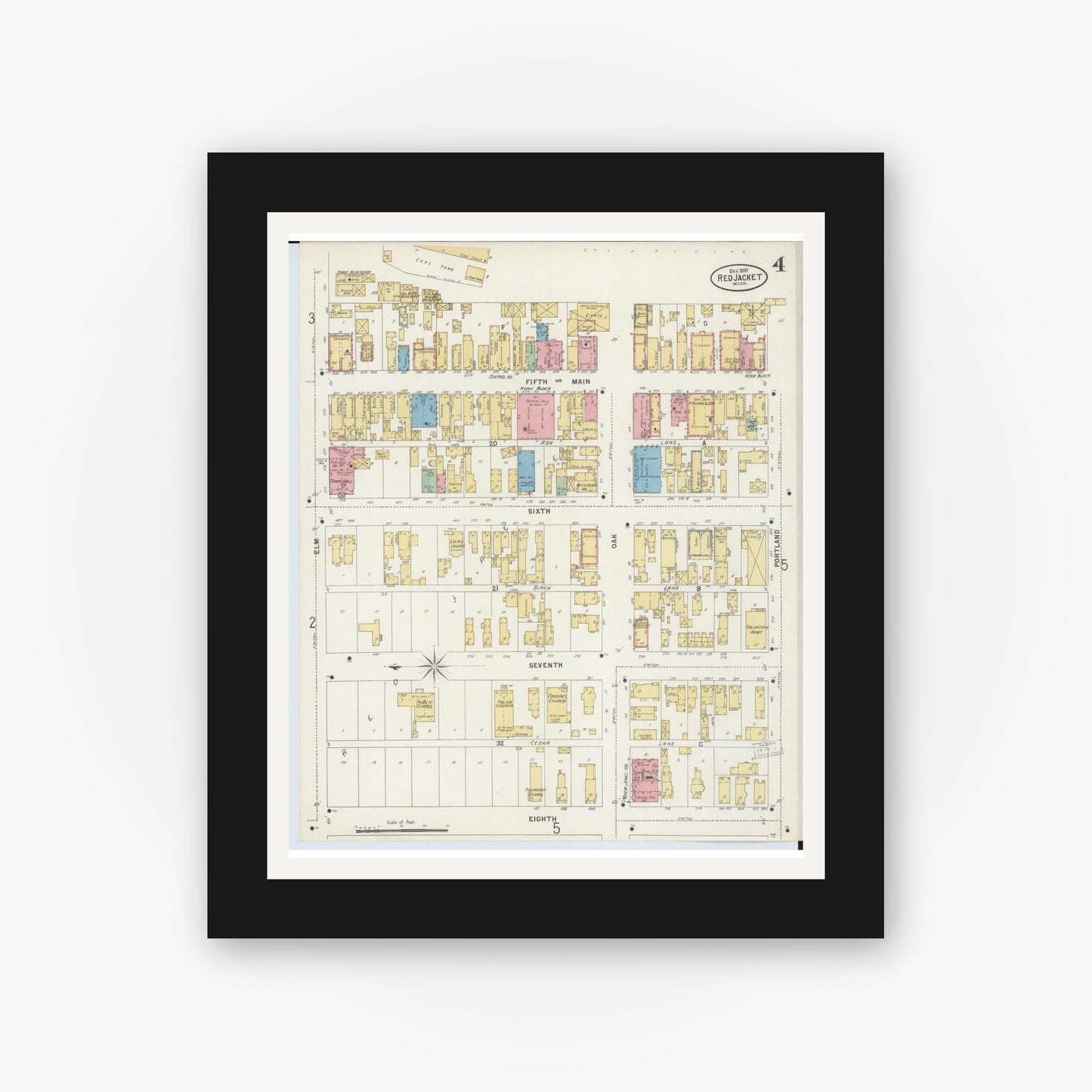 Old map wall art mockup — black gallery frame with white mat — Sanborn Fire Insurance Map from Red Jacket, Houghton County, Michigan (1897), Sheet #0004