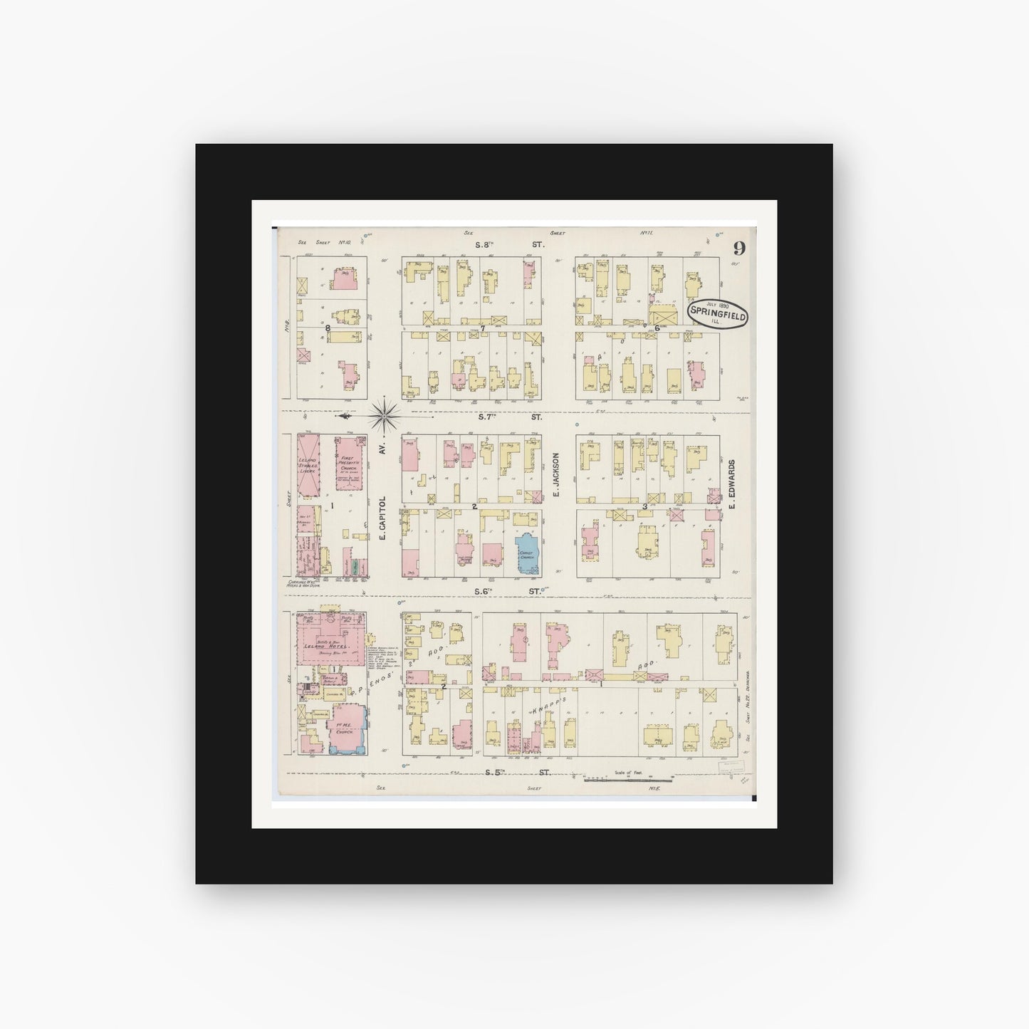Old map wall art mockup — black gallery frame with white mat — Sanborn Fire Insurance Map from Springfield, Sangamon County, Illinois (1890), Sheet #0009