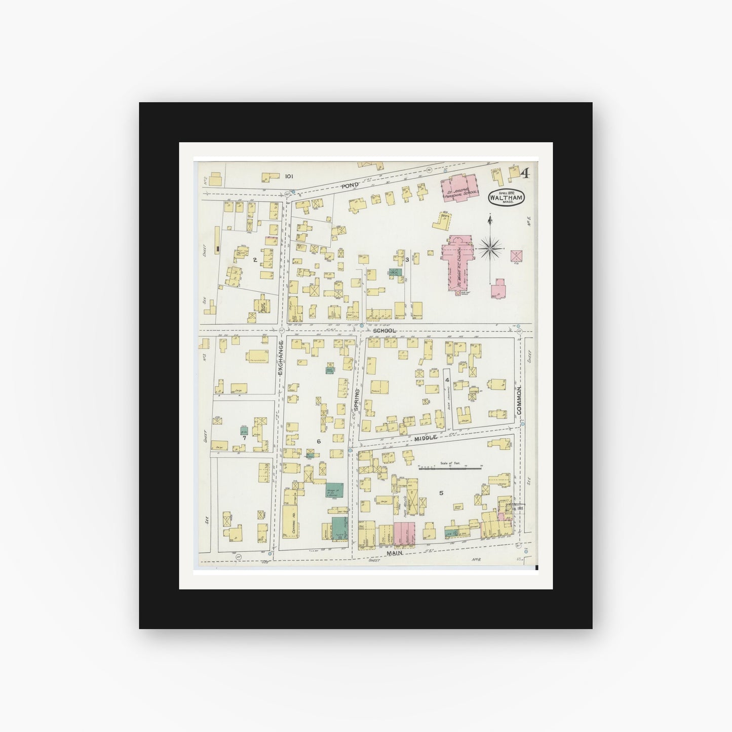 Old map wall art mockup — black gallery frame with white mat — Sanborn Fire Insurance Map from Waltham, Middlesex County, Massachusetts (1892), Sheet #0004