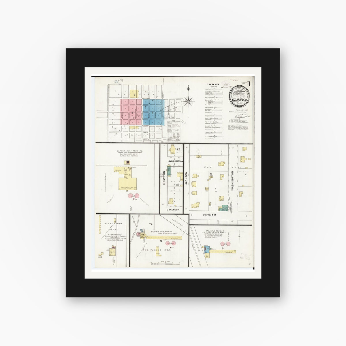 Old map wall art mockup — black gallery frame with white mat — Sanborn Fire Insurance Map from Eldora, Hardin County, Iowa (1893), Sheet #0001