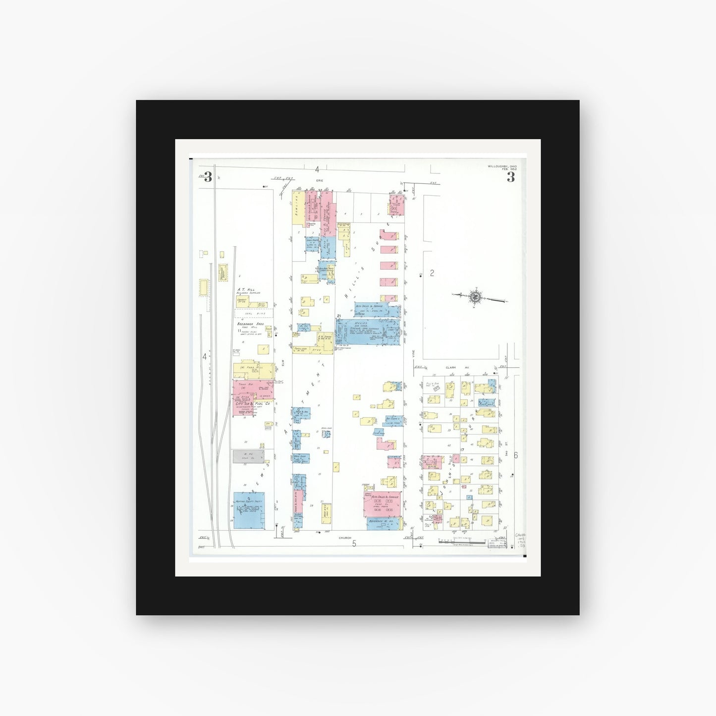 Old map wall art mockup — black gallery frame with white mat — Sanborn Fire Insurance Map from Willoughby, Lake County, Ohio (1952), Sheet #0003