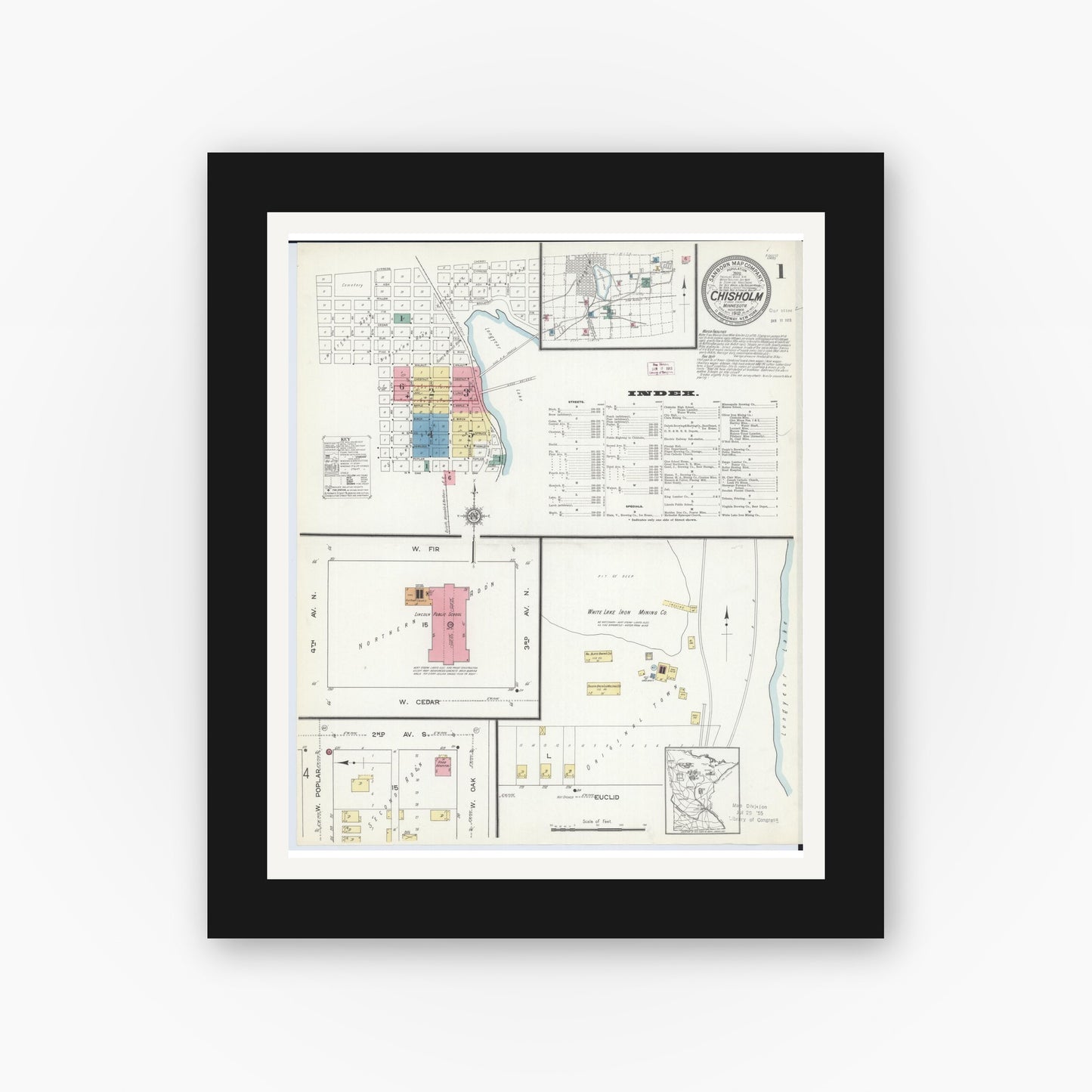 Old map wall art mockup — black gallery frame with white mat — Sanborn Fire Insurance Map from Chisholm, Saint Louis County, Minnesota (1912) - Complete Map Set