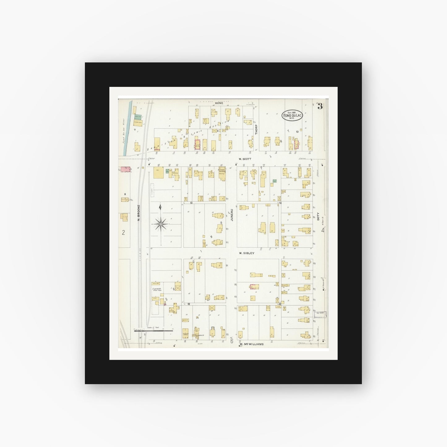 Old map wall art mockup — black gallery frame with white mat — Sanborn Fire Insurance Map from Fond du Lac, Fond du Lac County, Wisconsin (1908), Sheet #0003
