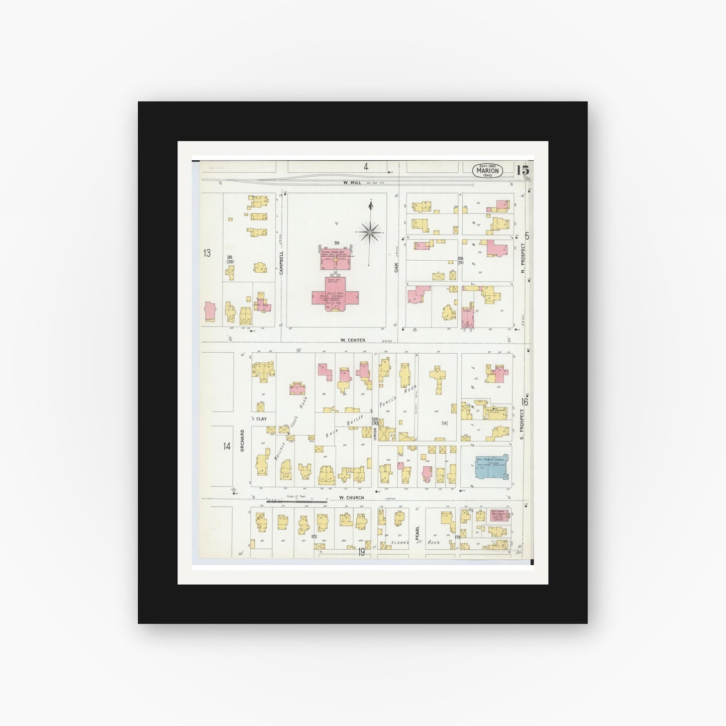 Old map wall art mockup — black gallery frame with white mat — Sanborn Fire Insurance Map from Marion, Marion County, Ohio (1900), Sheet #0015
