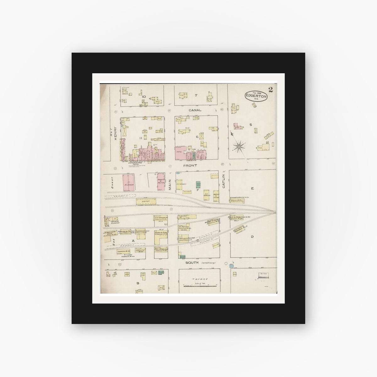 Old map wall art mockup — black gallery frame with white mat — Sanborn Fire Insurance Map from Edgerton, Rock County, Wisconsin (1886), Sheet #0002