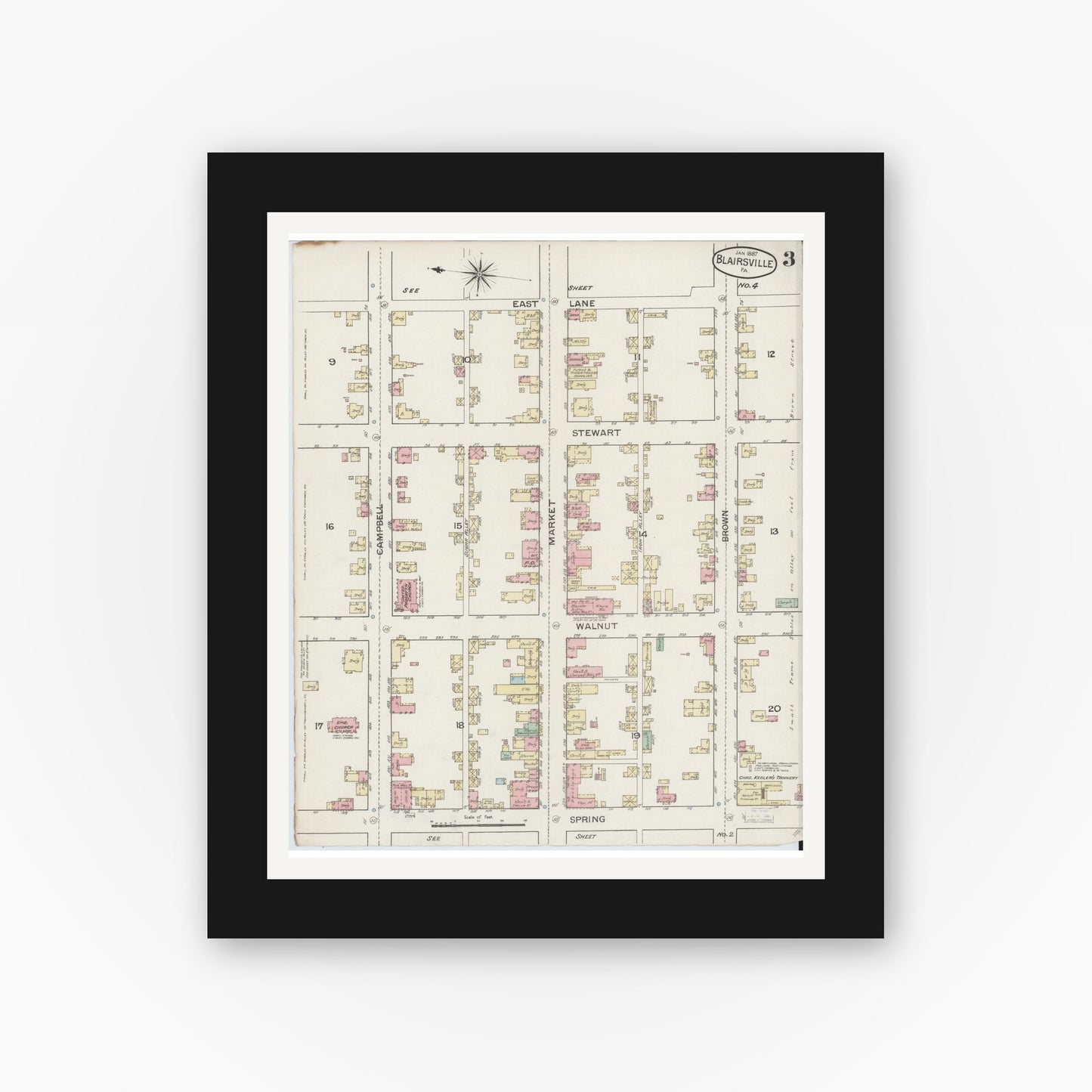 Old map wall art mockup — black gallery frame with white mat — Sanborn Fire Insurance Map from Blairsville, Indiana County, Pennsylvania (1887), Sheet #0003