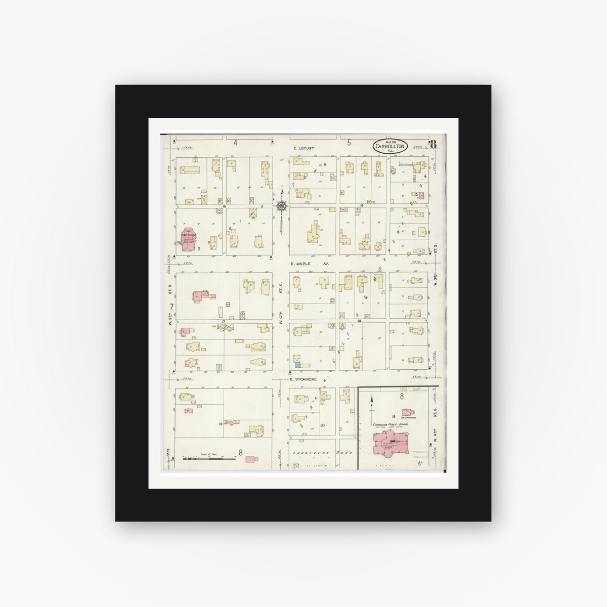 Old map wall art mockup — black gallery frame with white mat — Sanborn Fire Insurance Map from Carrollton, Greene County, Illinois (1914), Sheet #0008