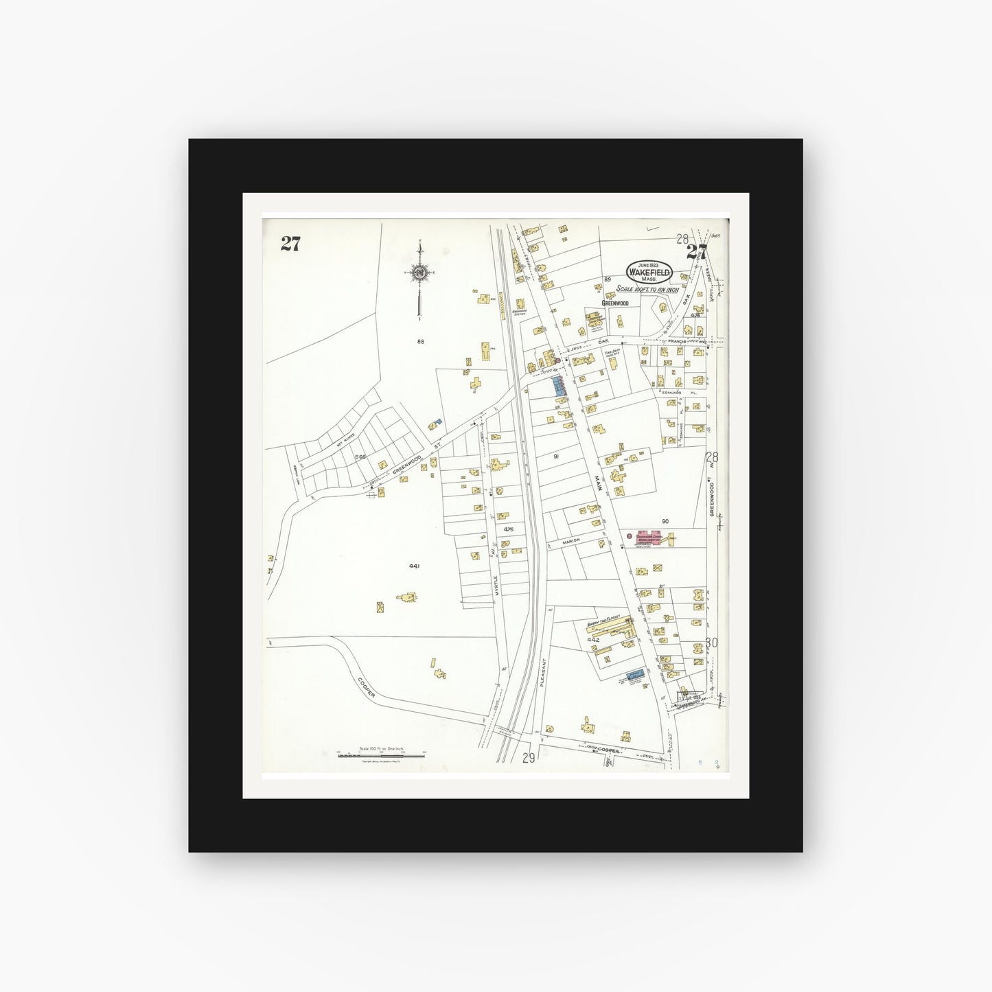 Old map wall art mockup — black gallery frame with white mat — Sanborn Fire Insurance Map from Wakefield, Middlesex County, Massachusetts (1923), Sheet #0027
