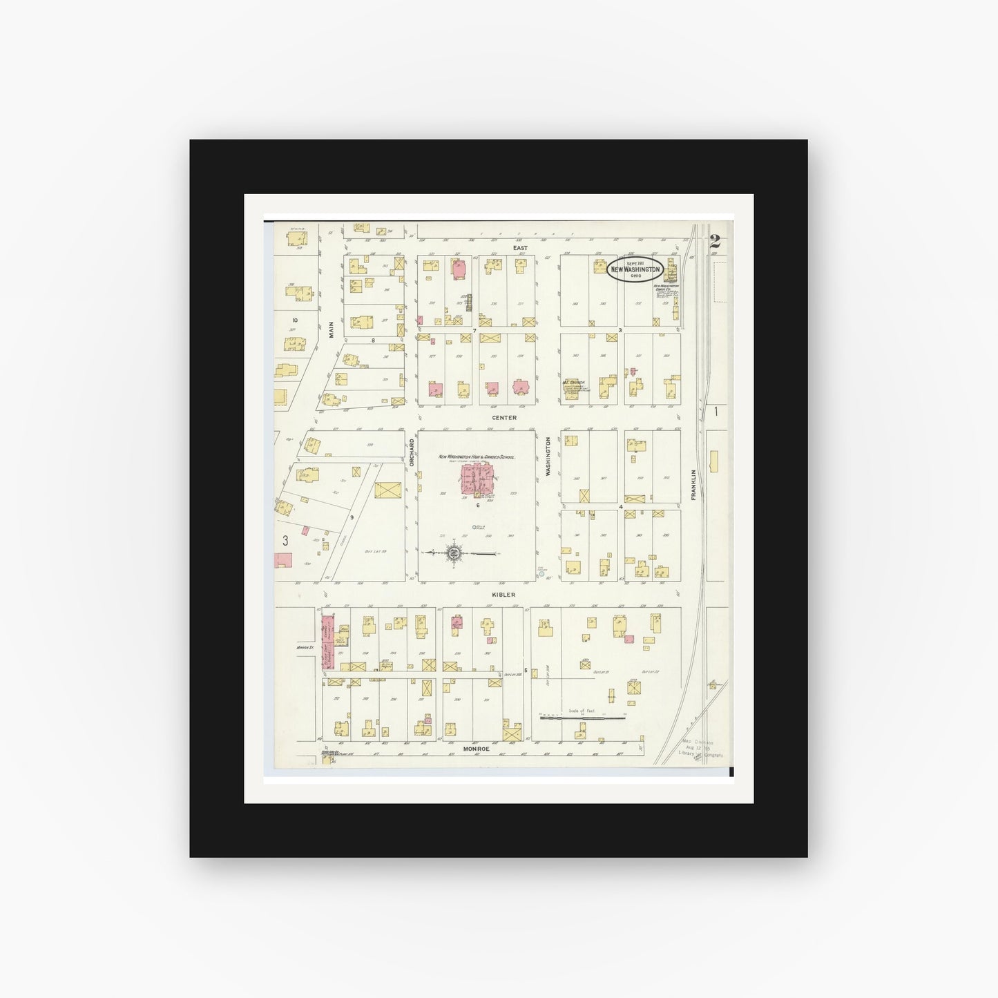 Old map wall art mockup — black gallery frame with white mat — Sanborn Fire Insurance Map from New Washington, Crawford County, Ohio (1911), Sheet #0002