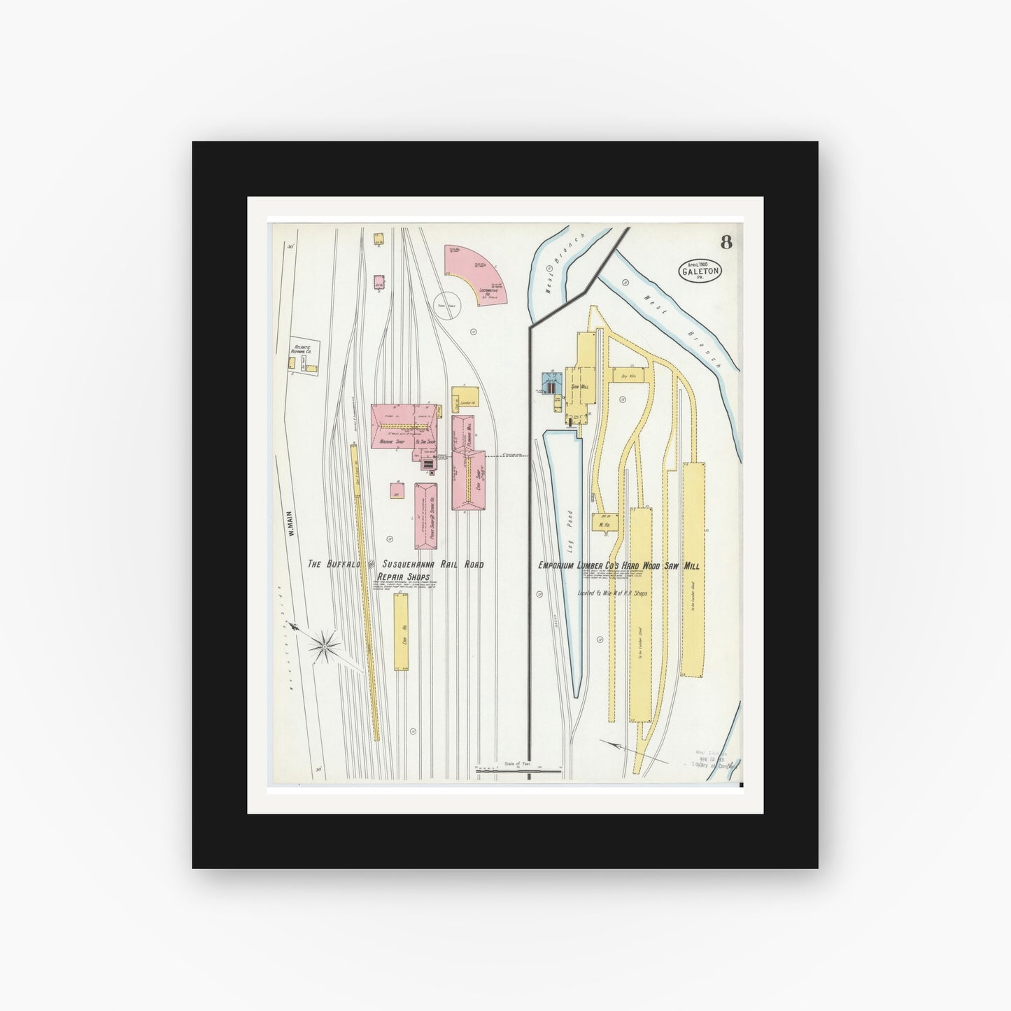 Old map wall art mockup — black gallery frame with white mat — Sanborn Fire Insurance Map from Galeton, Potter County, Pennsylvania (1900), Sheet #0008