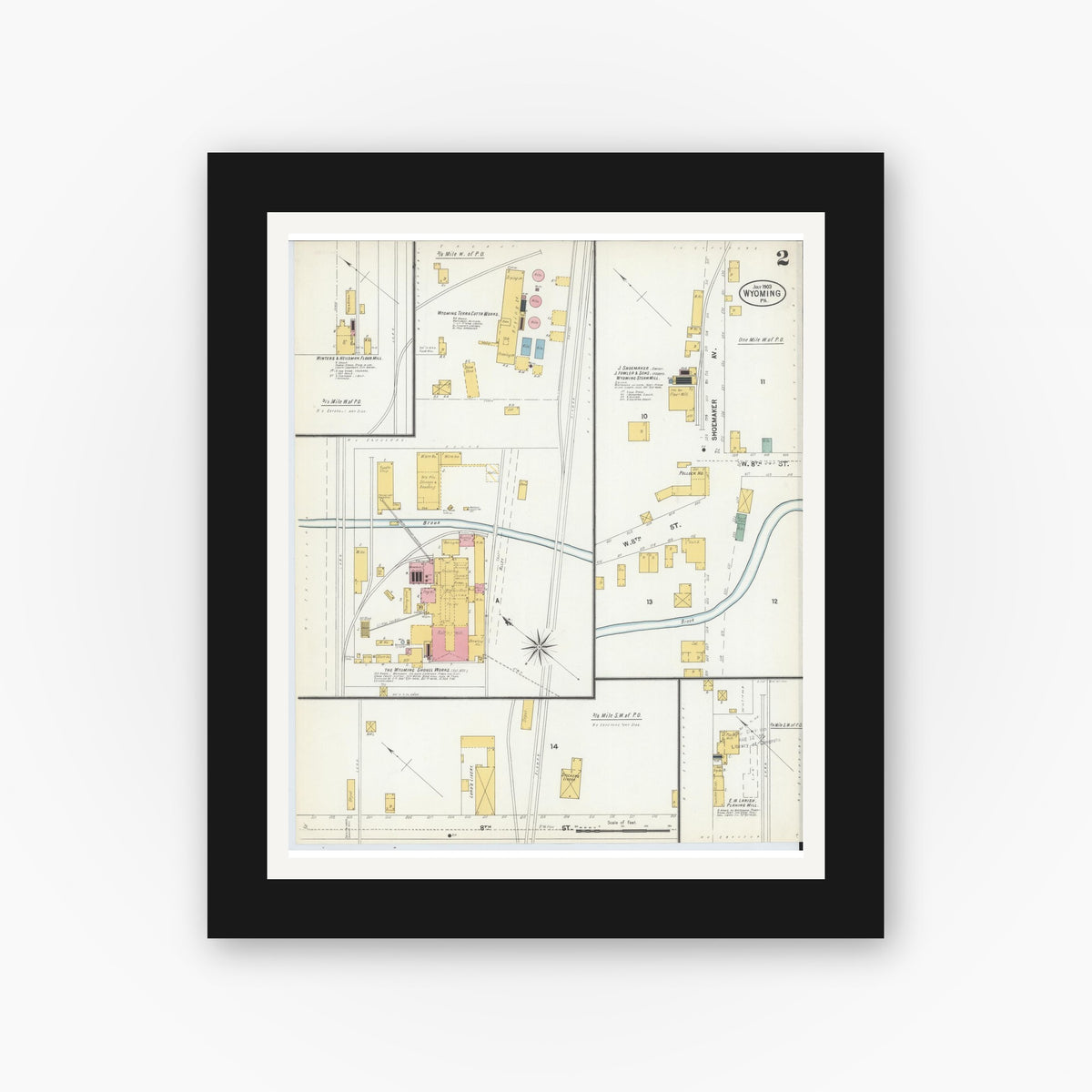 Old map wall art mockup — black gallery frame with white mat — Sanborn Fire Insurance Map from Wyoming, Luzerne County, Pennsylvania (1903), Sheet #0002