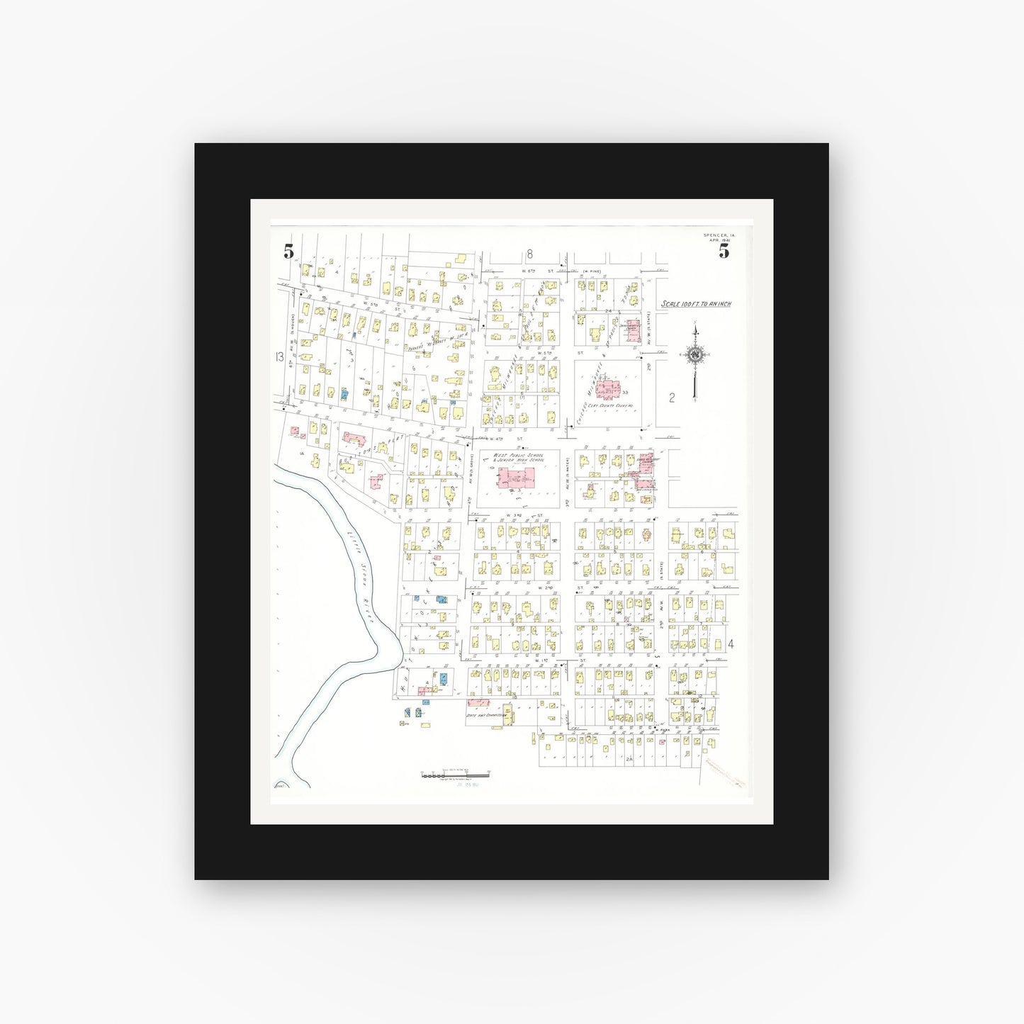 Old map wall art mockup β black gallery frame with white mat β Sanborn Fire Insurance Map from Spencer, Clay County, Iowa (1941), Sheet #0005