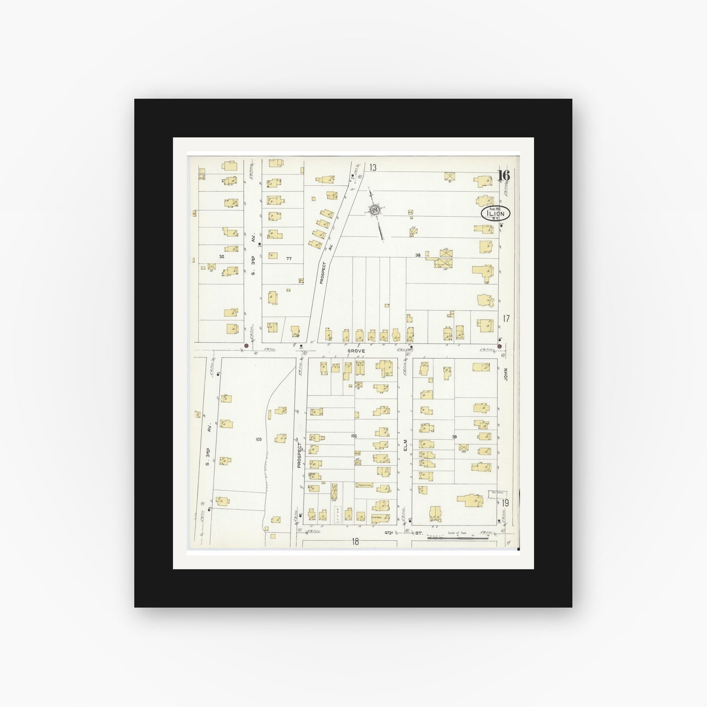 Old map wall art mockup — black gallery frame with white mat — Sanborn Fire Insurance Map from Ilion, Herkimer County, New York (1912), Sheet #0016
