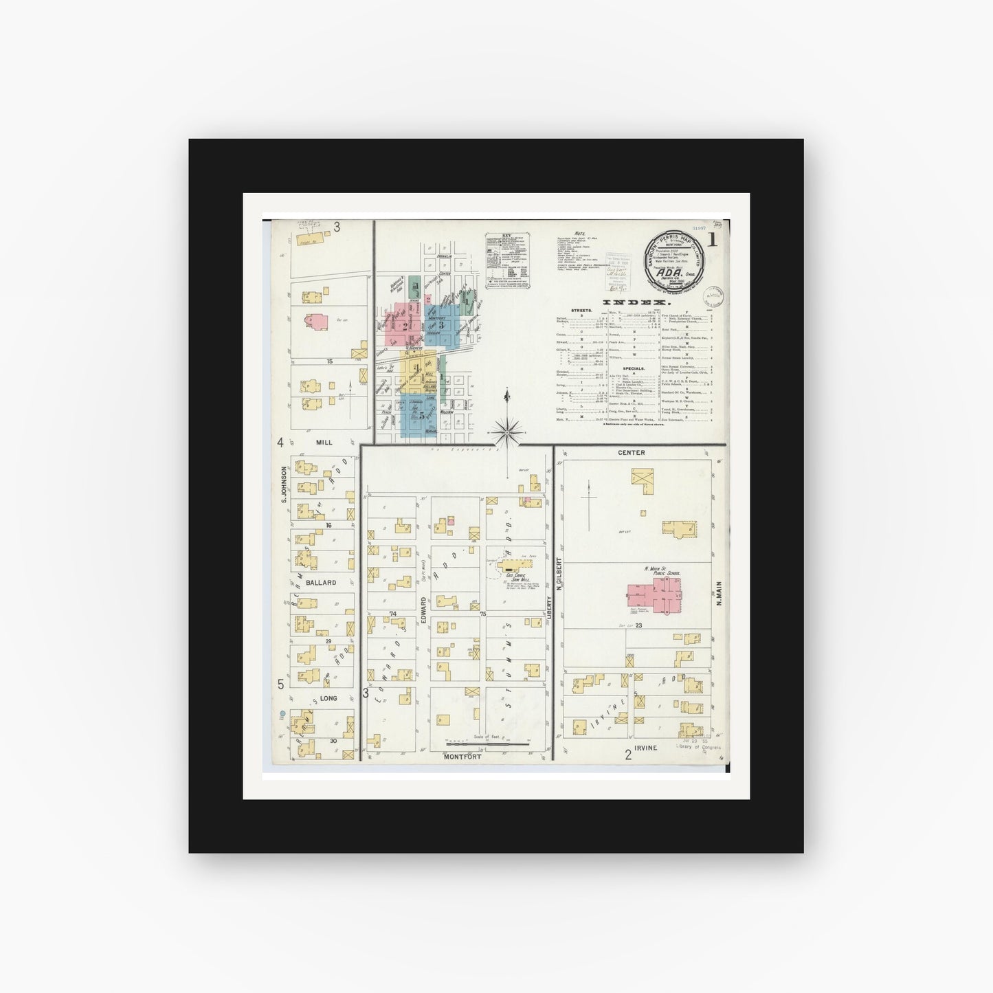 Old map wall art mockup — black gallery frame with white mat — Sanborn Fire Insurance Map from Ada, Hardin County, Ohio (1900) - Complete Map Set
