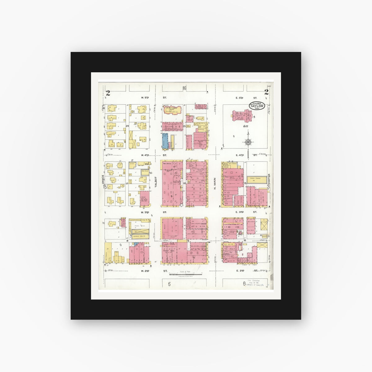 Old map wall art mockup — black gallery frame with white mat — Sanborn Fire Insurance Map from Taylor, Williamson County, Texas (1923), Sheet #0002