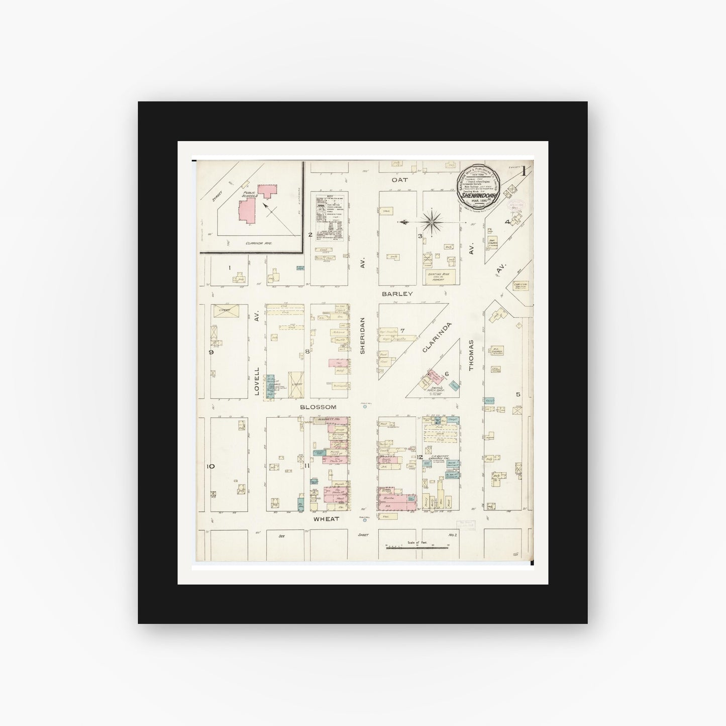 Old map wall art mockup β black gallery frame with white mat β Sanborn Fire Insurance Map from Shenandoah, Page County, Iowa (1886), Sheet #0001