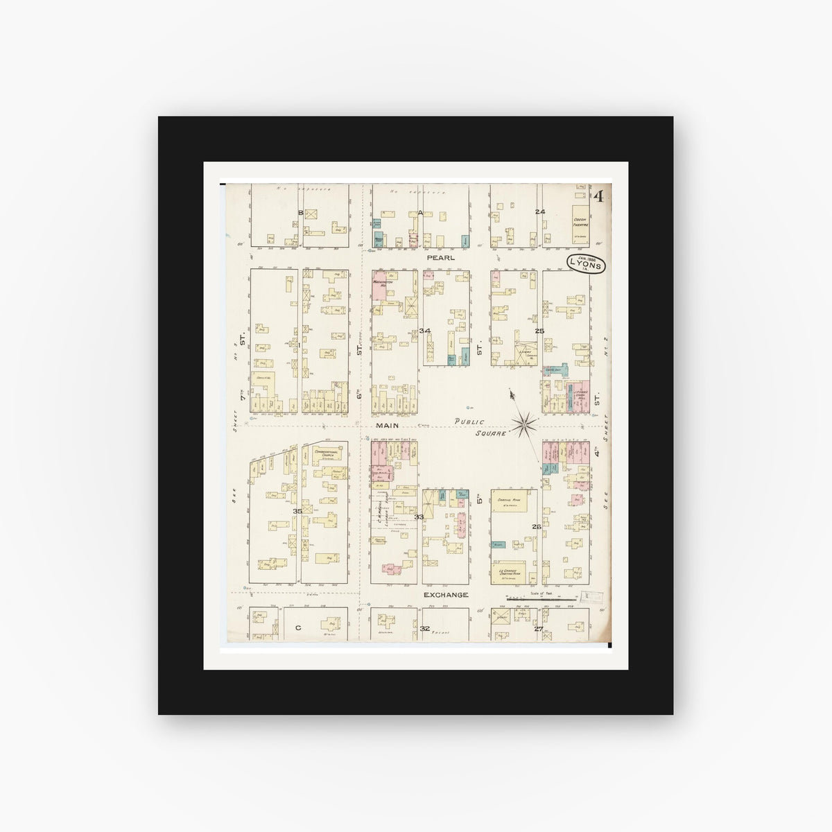 Old map wall art mockup — black gallery frame with white mat — Sanborn Fire Insurance Map from Lyons, Clinton County, Iowa (1886), Sheet #0004