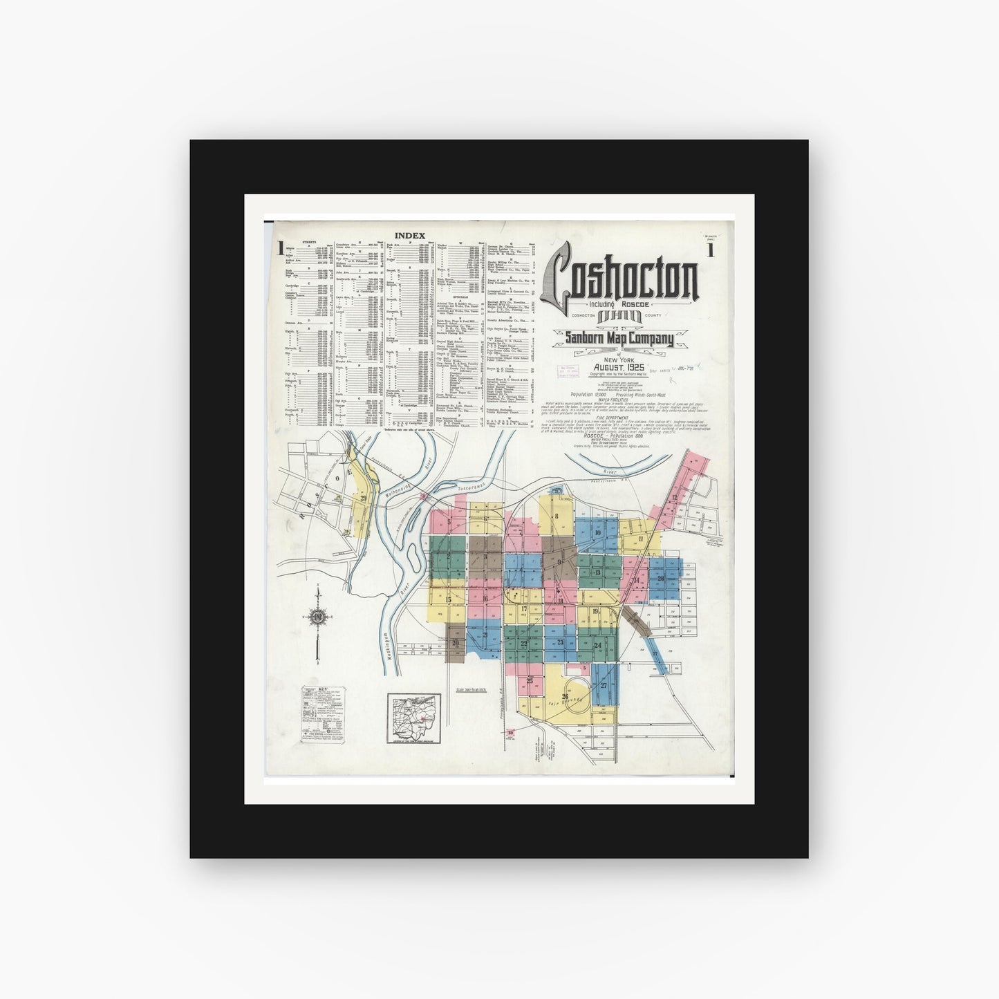 Old map wall art mockup — black gallery frame with white mat — Sanborn Fire Insurance Map from Coshocton, Coshocton County, Ohio (1925), Sheet #0001