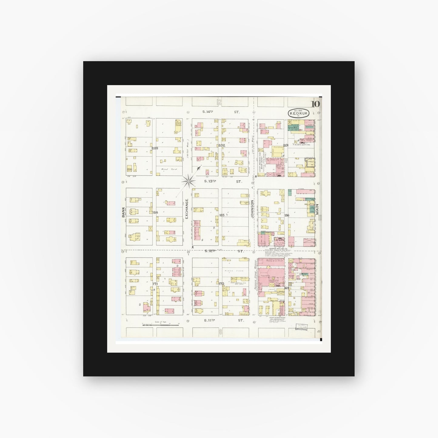 Old map wall art mockup — black gallery frame with white mat — Sanborn Fire Insurance Map from Keokuk, Lee County, Iowa (1893), Sheet #0010