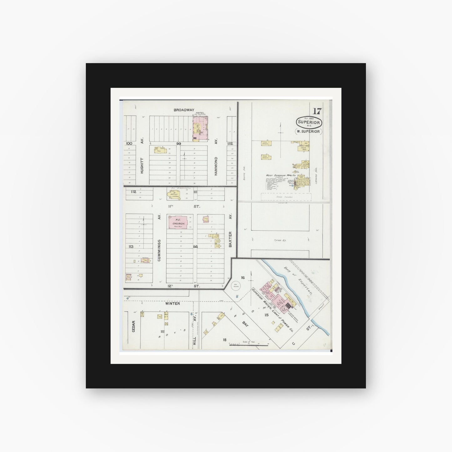 Old map wall art mockup — black gallery frame with white mat — Sanborn Fire Insurance Map from Superior, Douglas County, Wisconsin (1887), Sheet #0017