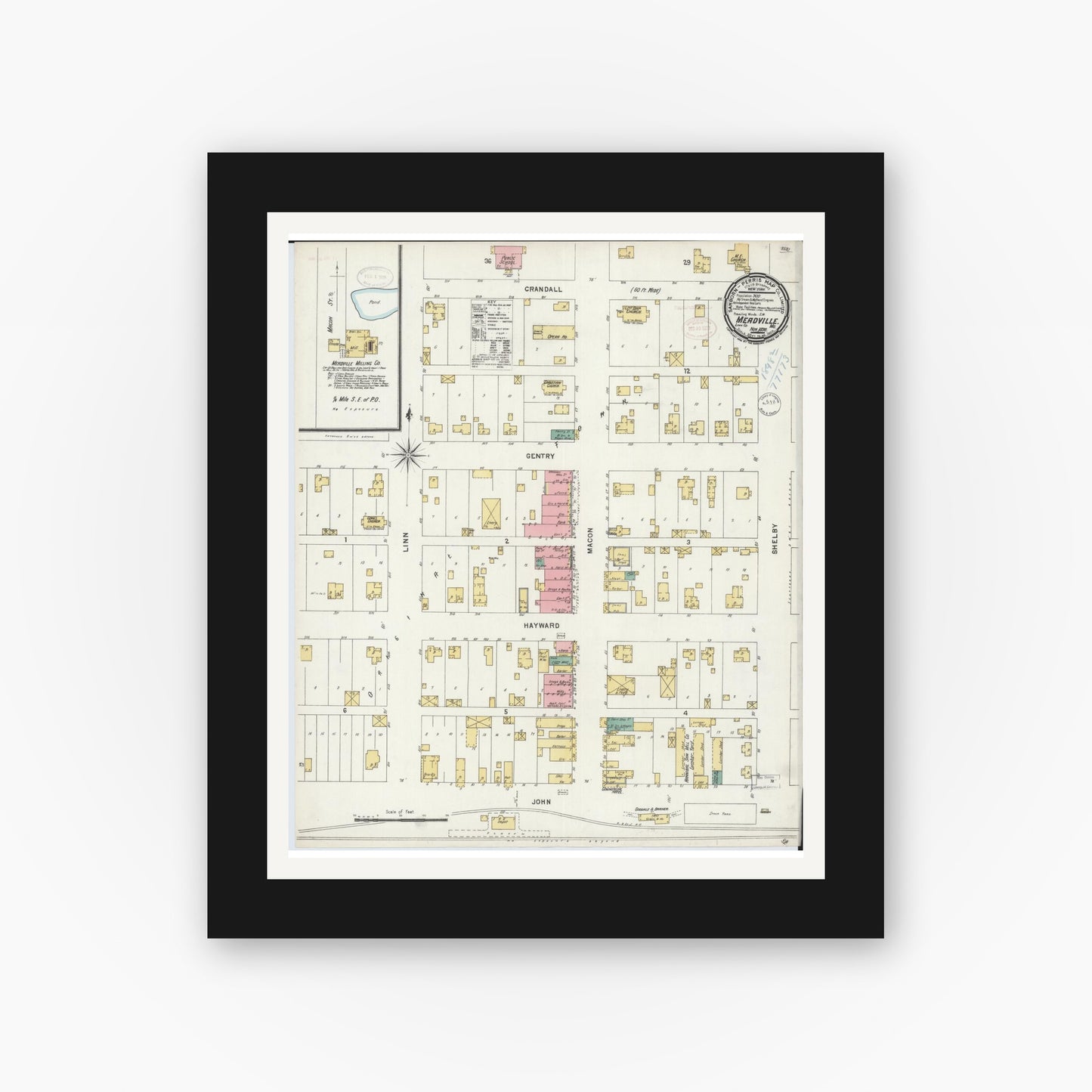 Old map wall art mockup — black gallery frame with white mat — Sanborn Fire Insurance Map from Meadville, Linn County, Missouri (1898), Sheet #0001
