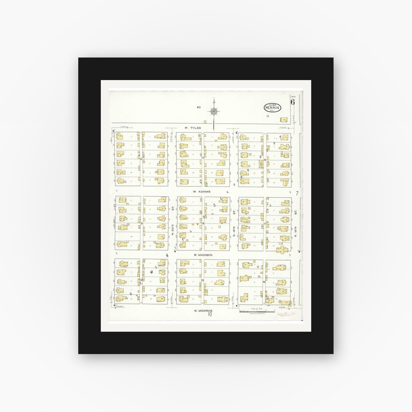 Old map wall art mockup — black gallery frame with white mat — Sanborn Fire Insurance Map from Herrin, Williamson County, Illinois (1922), Sheet #0006