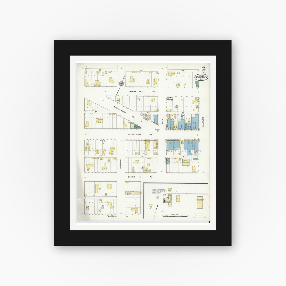 Old map wall art mockup — black gallery frame with white mat — Sanborn Fire Insurance Map from Round Rock, Williamson County, Texas (1909), Sheet #0002