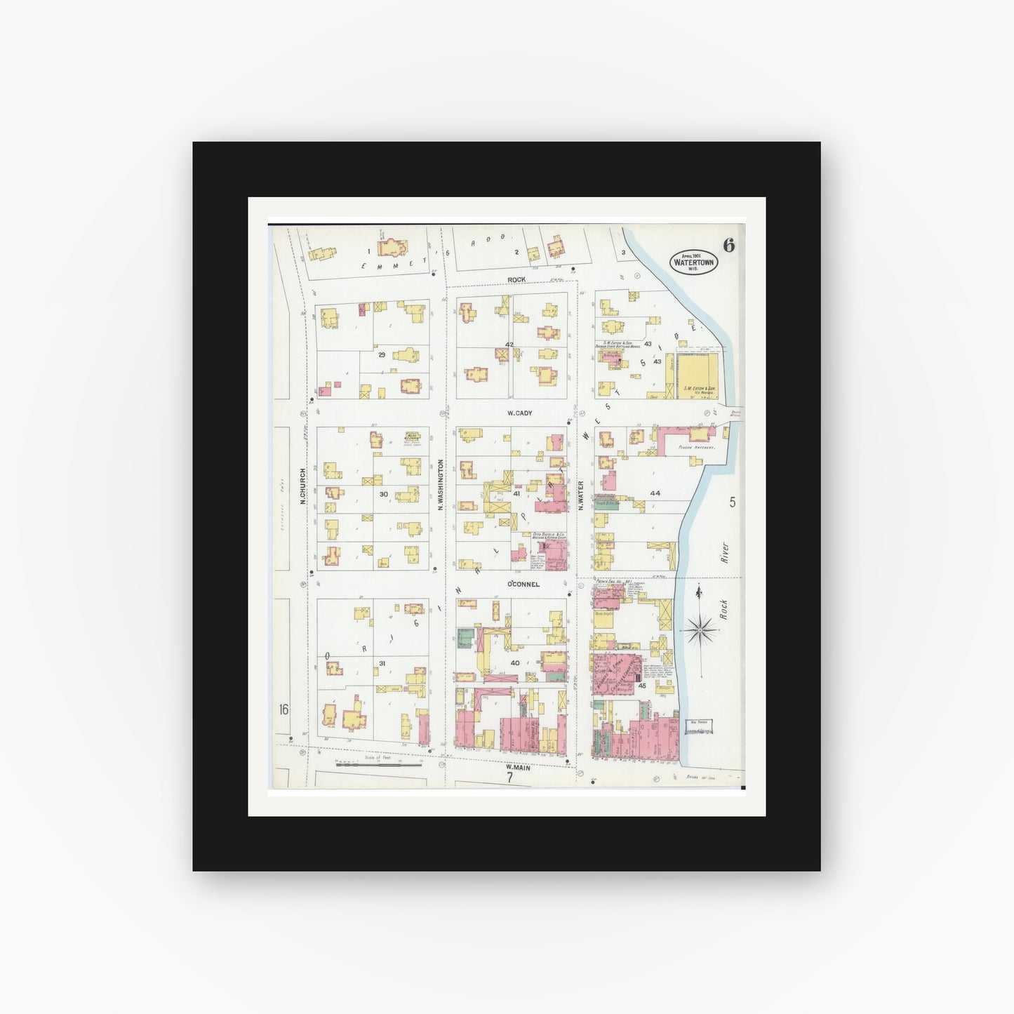 Old map wall art mockup — black gallery frame with white mat — Sanborn Fire Insurance Map from Watertown, Jefferson County, Wisconsin (1901), Sheet #0006