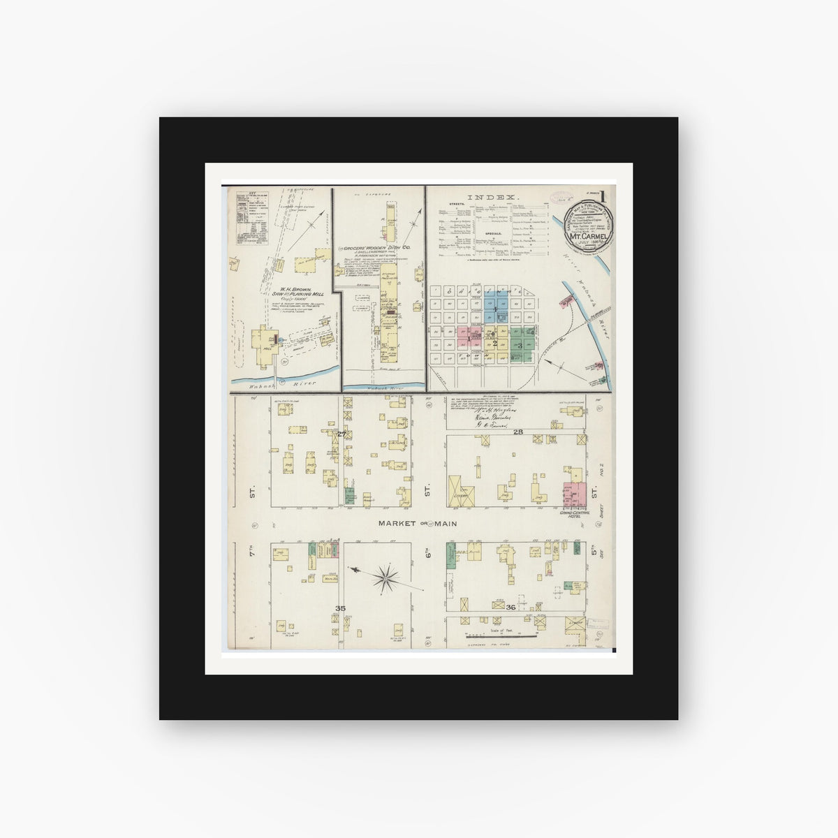 Old map wall art mockup — black gallery frame with white mat — Sanborn Fire Insurance Map from Mount Carmel, Wabash County, Illinois (1886), Sheet #0001