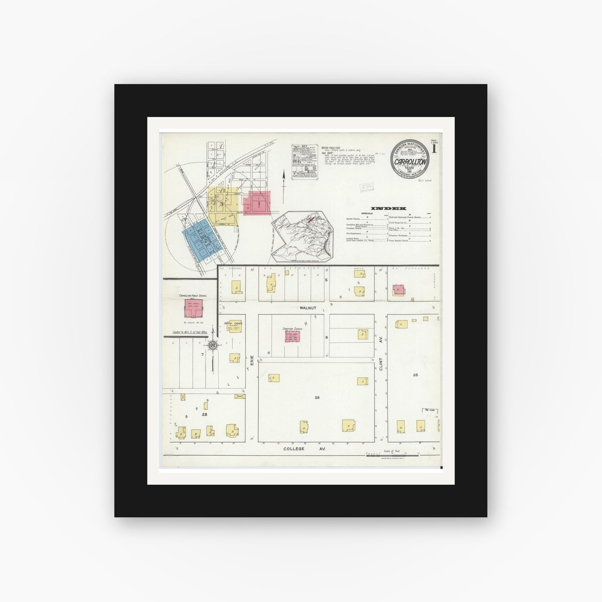 Old map wall art mockup — black gallery frame with white mat — Sanborn Fire Insurance Map from Carrollton, Dallas County, Texas (1921) - Complete Map Set
