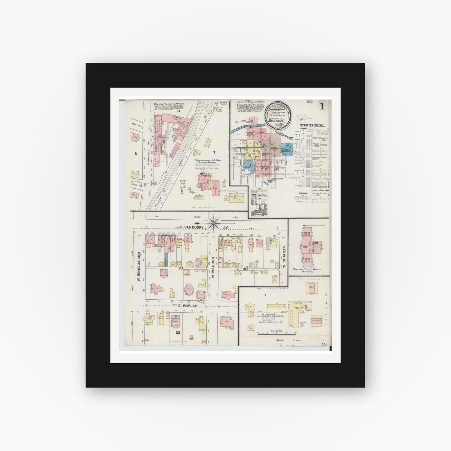 Old map wall art mockup — black gallery frame with white mat — Sanborn Fire Insurance Map from Bucyrus, Crawford County, Ohio (1888), Sheet #0001