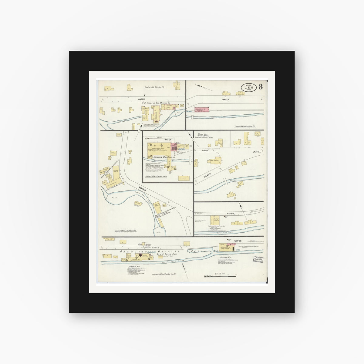 Old map wall art mockup — black gallery frame with white mat — Sanborn Fire Insurance Map from Lee, Berkshire County, Massachusetts (1911), Sheet #0008