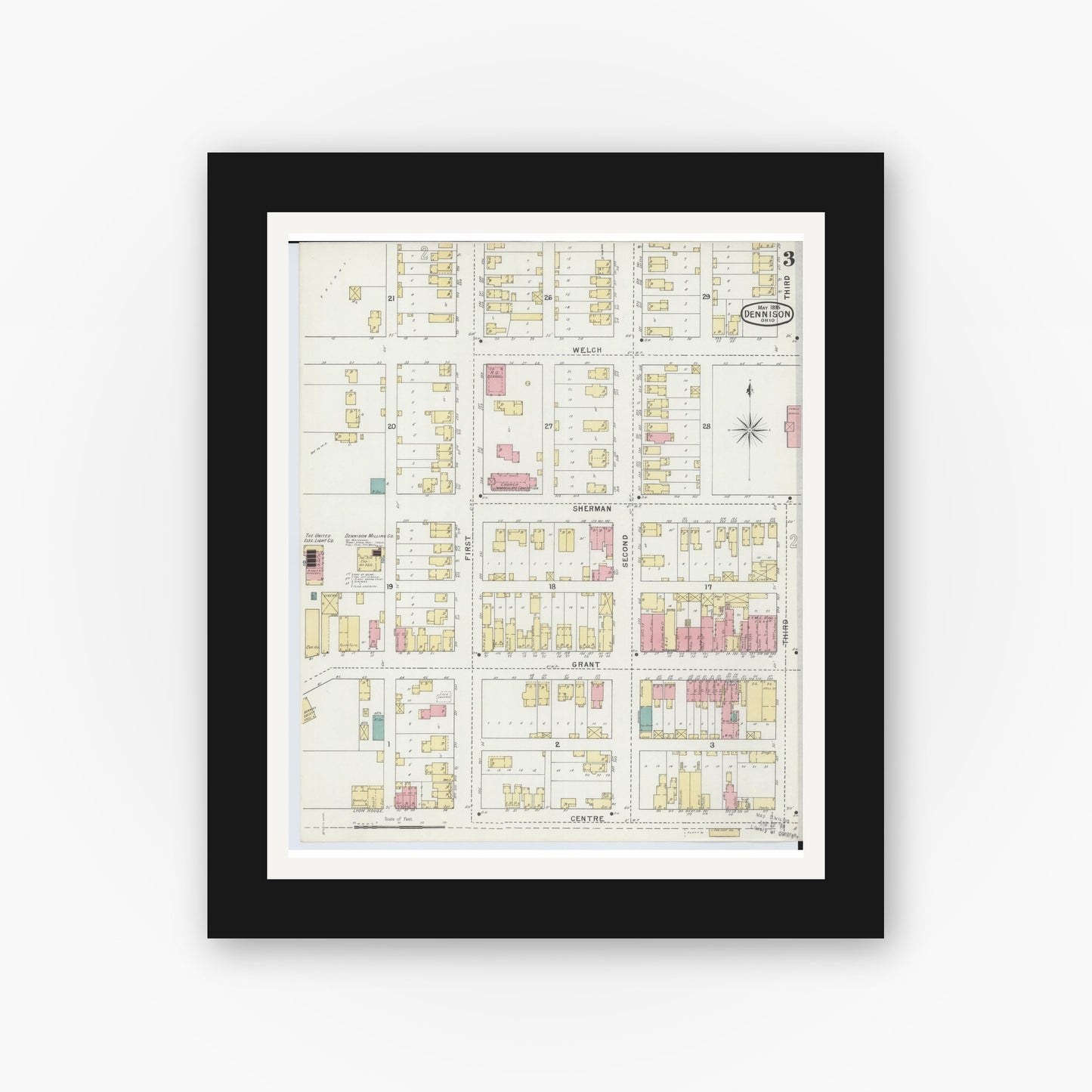 Old map wall art mockup — black gallery frame with white mat — Sanborn Fire Insurance Map from Dennison, Tuscarawas County, Ohio (1895), Sheet #0003
