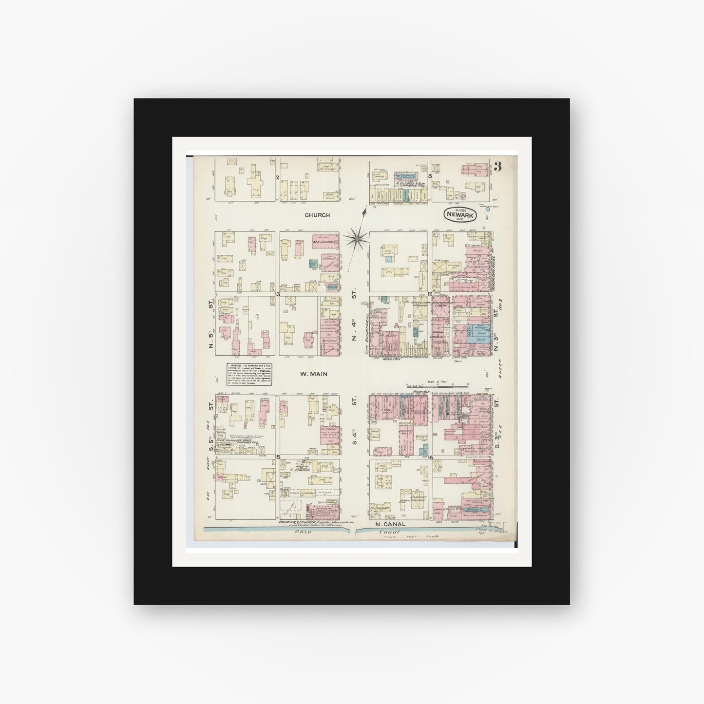 Old map wall art mockup — black gallery frame with white mat — Sanborn Fire Insurance Map from Newark, Licking County, Ohio (1884), Sheet #0003
