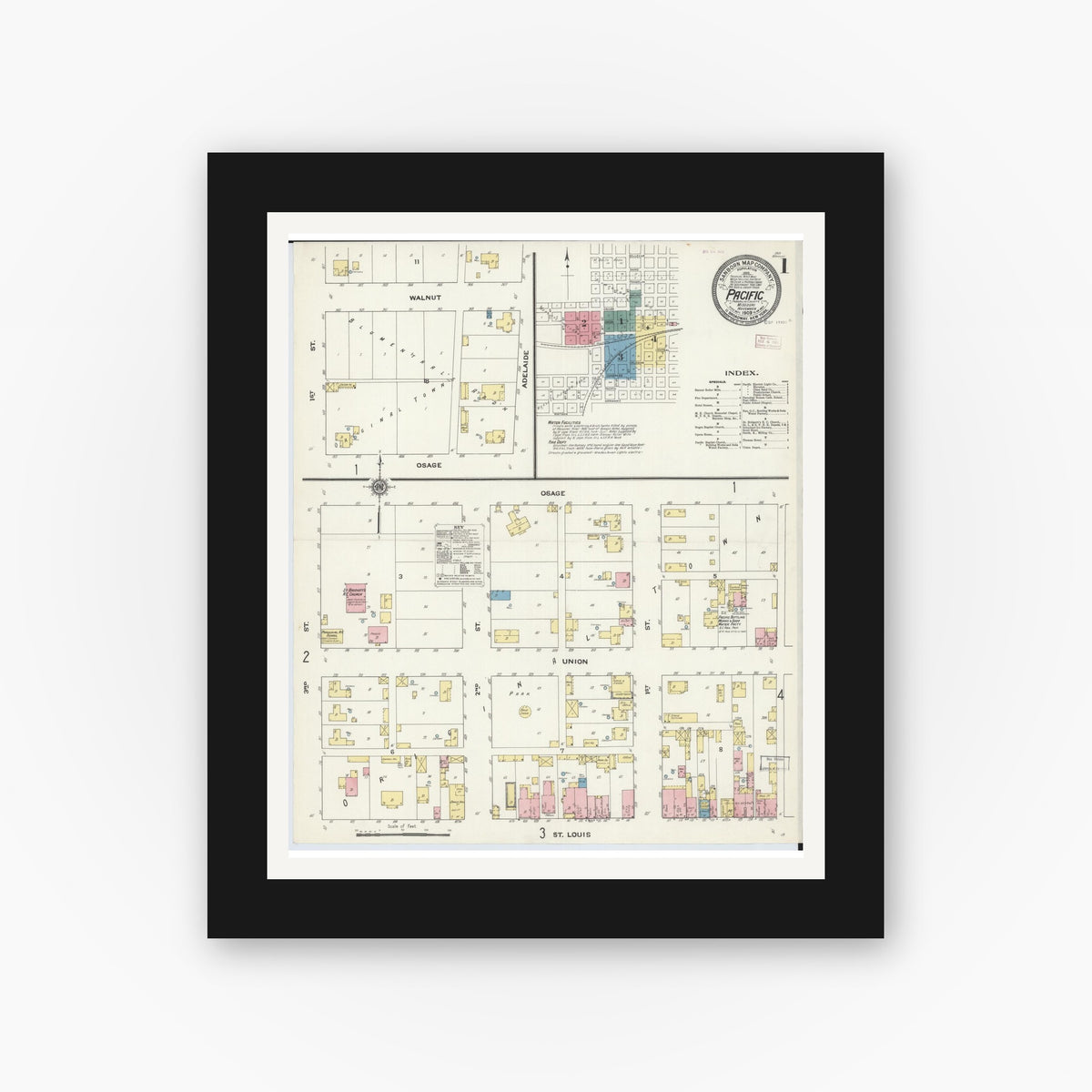 Old map wall art mockup — black gallery frame with white mat — Sanborn Fire Insurance Map from Pacific, Franklin County, Missouri (1909) - Complete Map Set